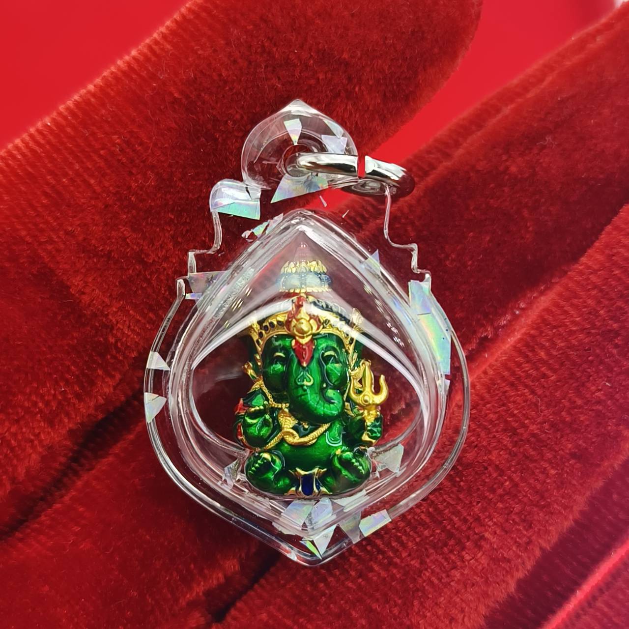 Phra Sri Siddhiya Ganapati Gold-Plated Bronze Statue with Green Enamel Finish