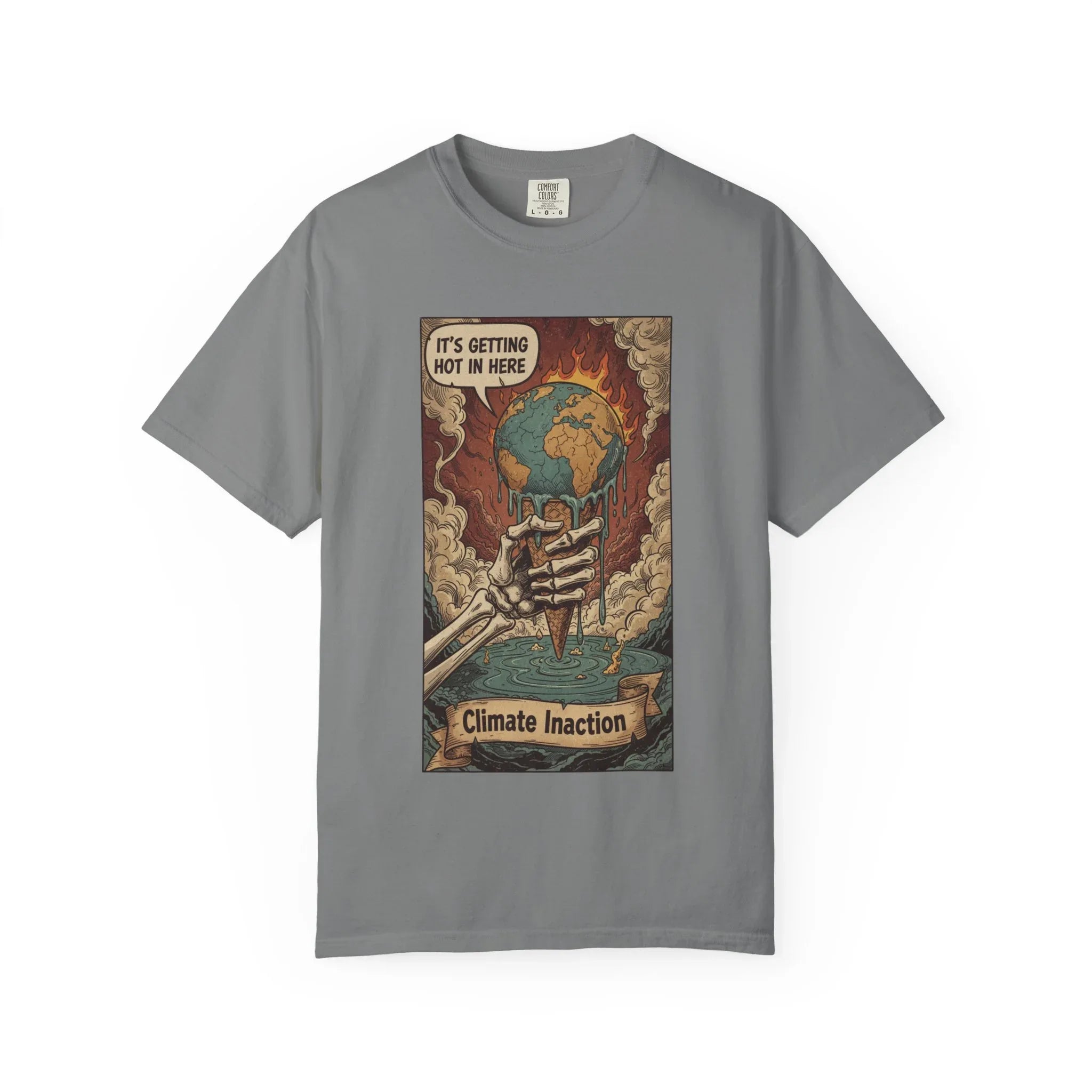 Climate Inaction Melting Earth Shirt - Global Warming Satire Tee - Skeleton Hand Vintage Graphic - Environmental Activist Gift - Retro Distressed Planet Earth T-Shirt Grey