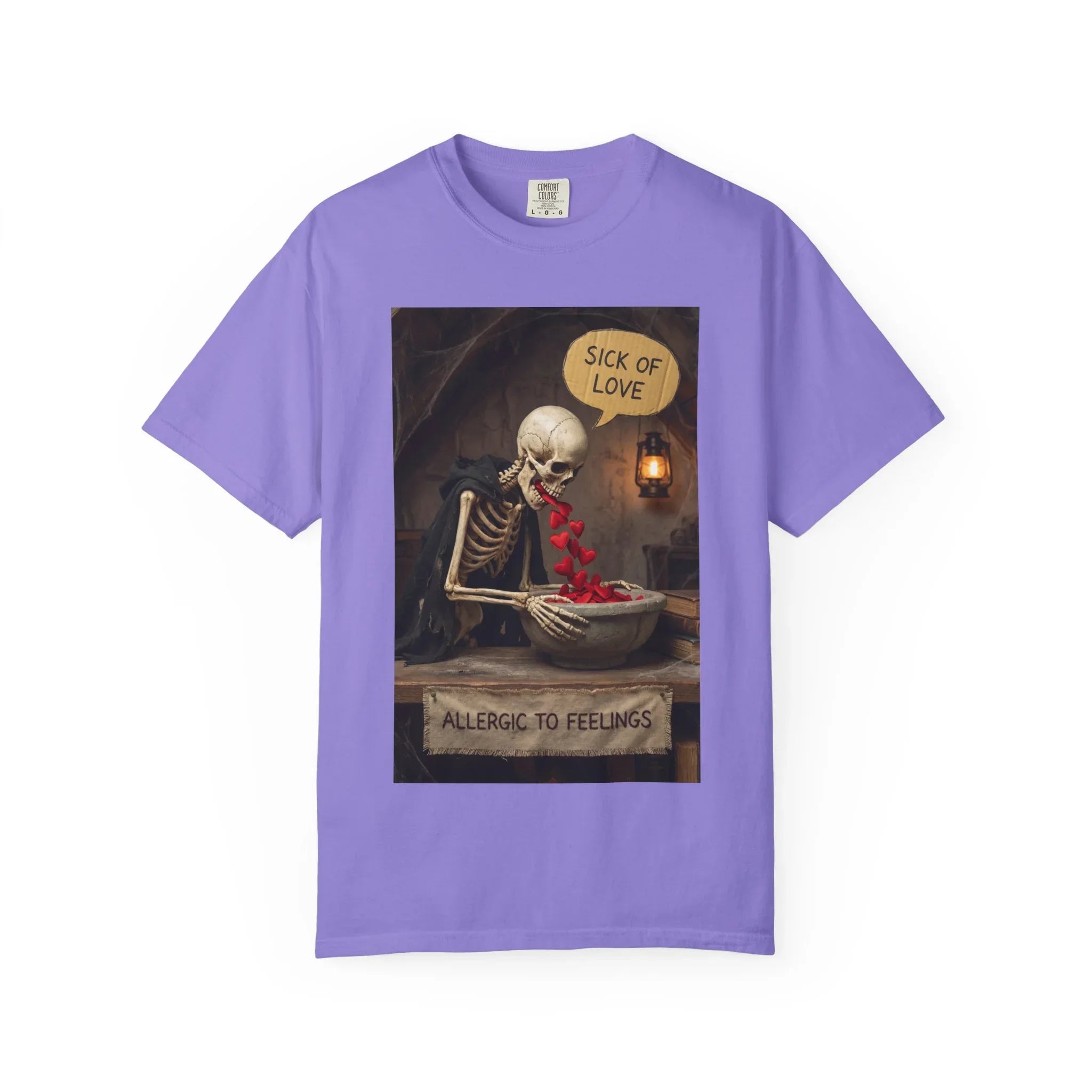 Sick of Love" Allergic To Feelings Vintage Skeleton T-Shirt - Premium Dark Humor Apparel Violet