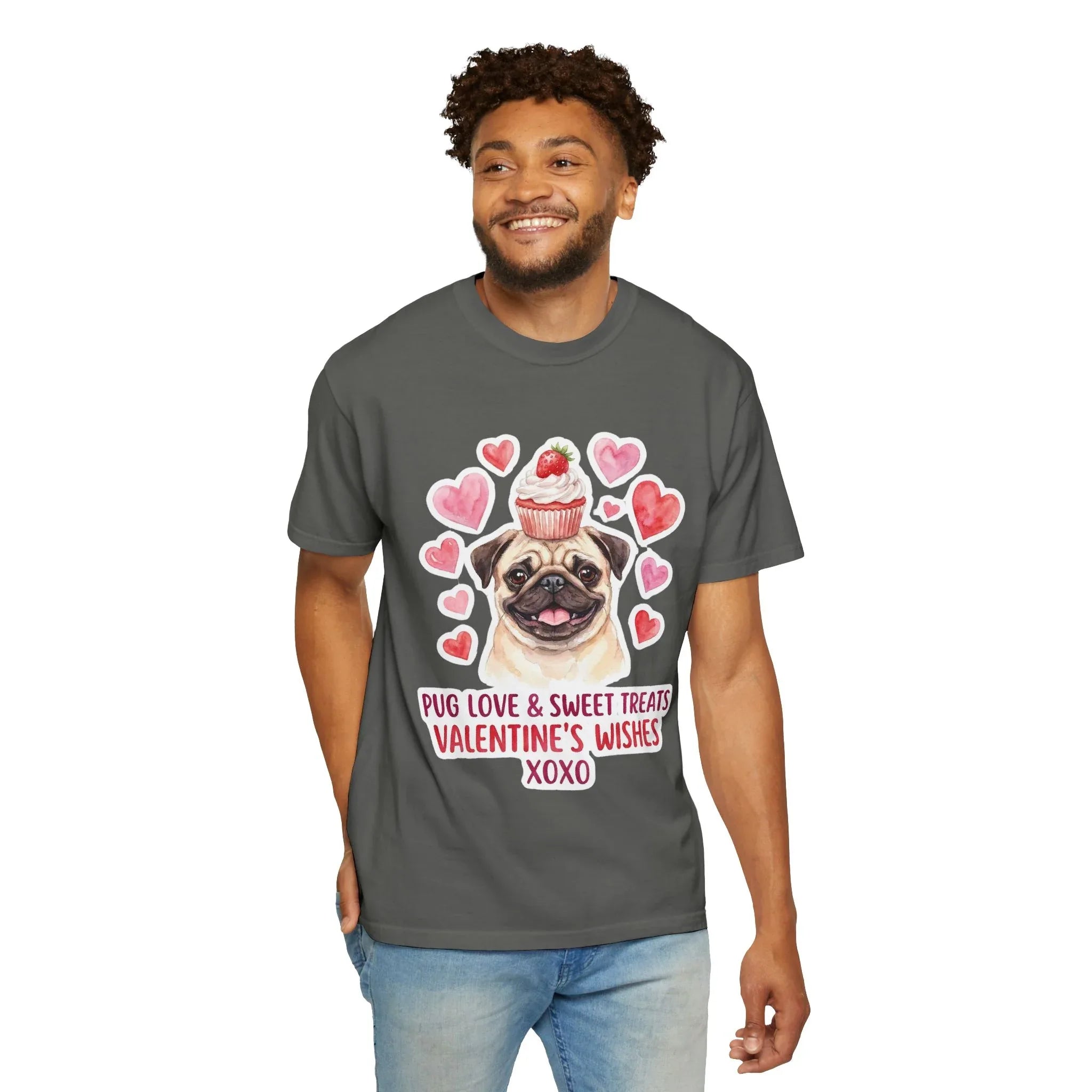 Pug with Cupcake Valentine T Shirt Cute Dog Hearts Sweet Treats Watercolor Cozy Vintage Aesthetic Gift Dog Lovers Soft Cotton Romantic Tee Pepper