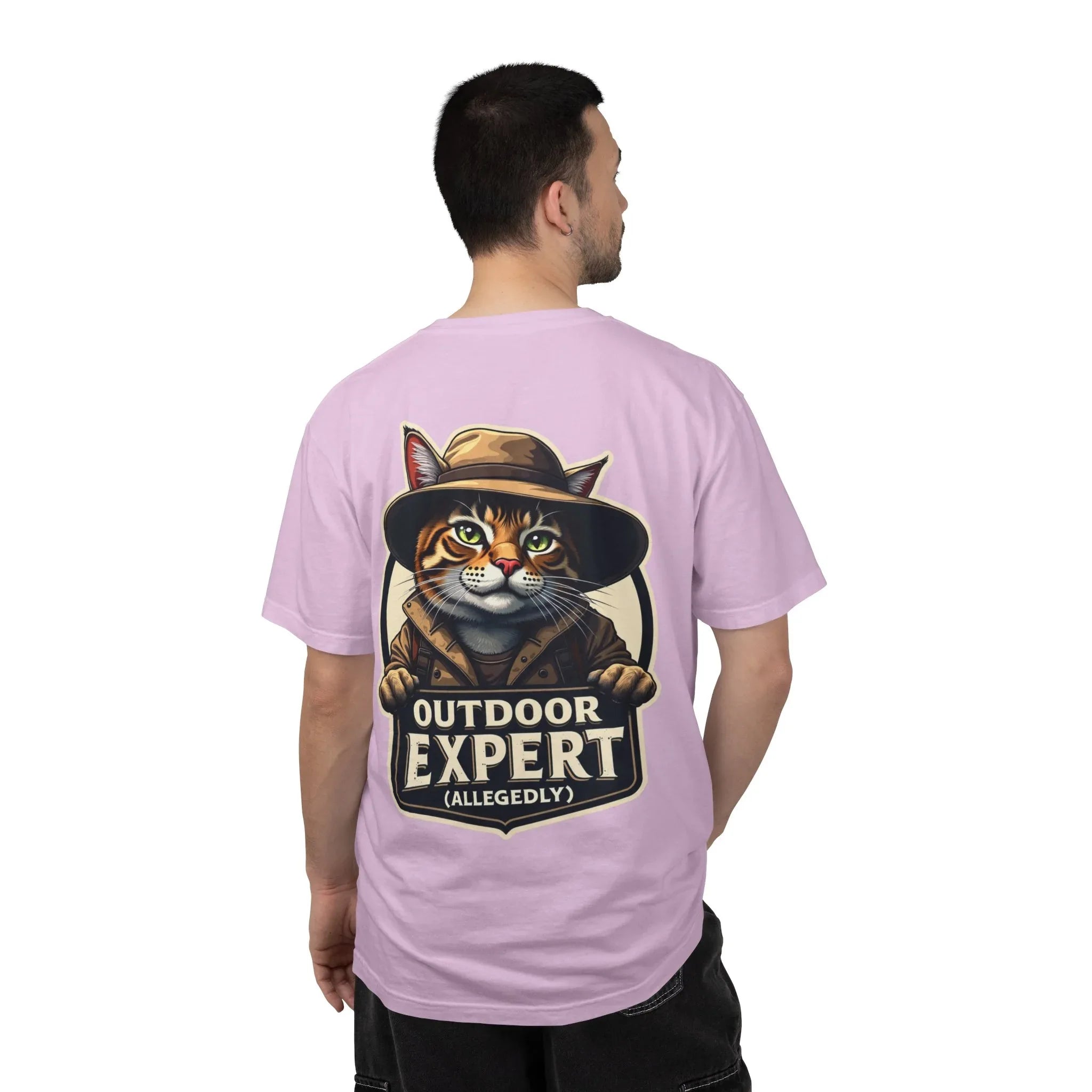 Outdoor Expert Cat T-Shirt, Outdoor Expert (Allegedly) Back Print Tee, Funny Camping Cat in Fedora Badge, Unisex Garment-Dyed Orchid
