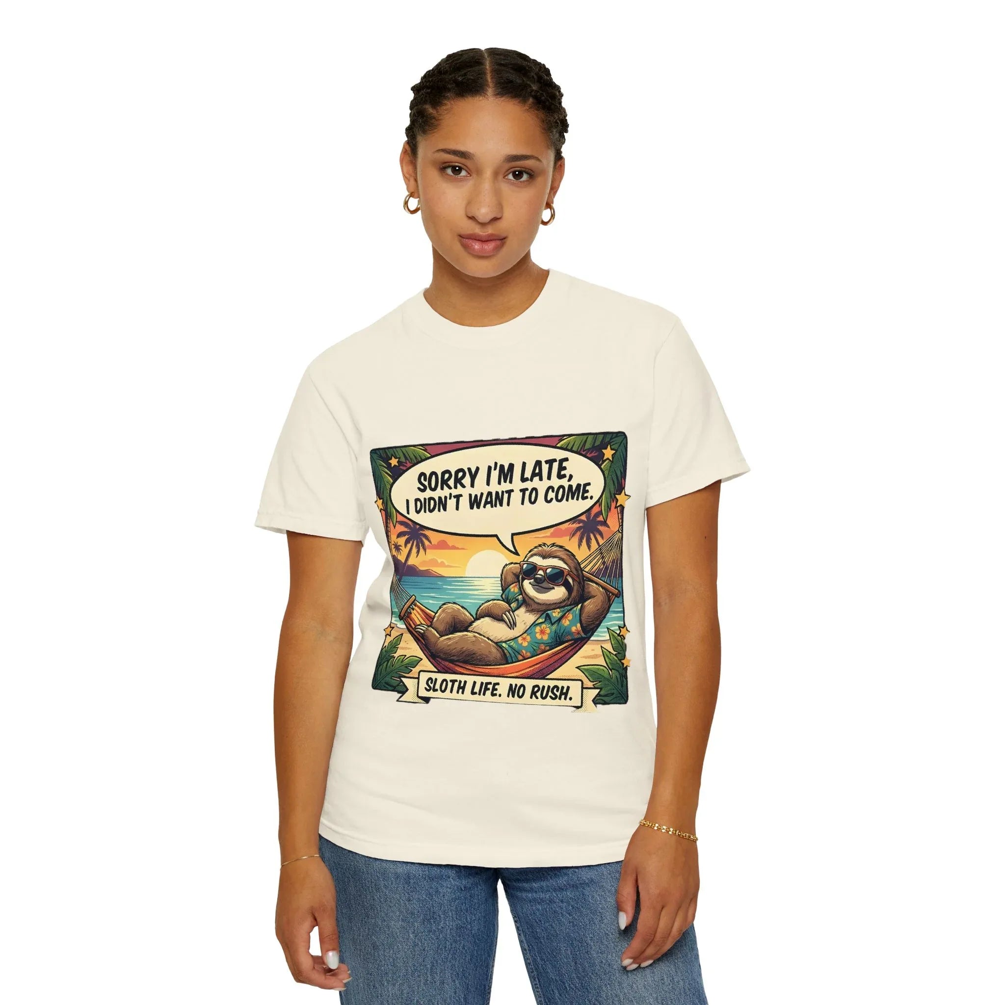 Sorry Im Late Sloth Hammock T-Shirt | Sloth Life No Rush Tee | Beach Chill Humor Gift | Vintage Tropical Lazy Shirt