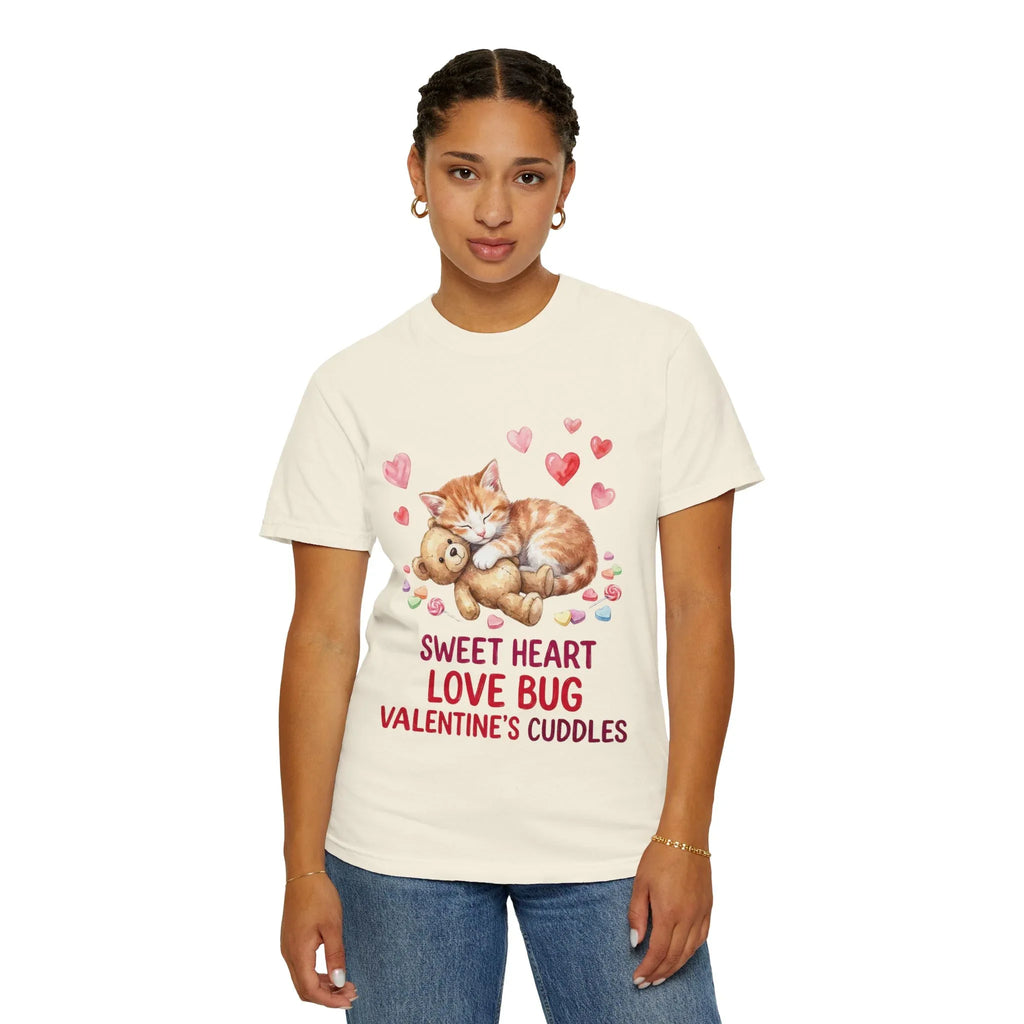 Sleeping Kitten with Teddy Bear Valentine T-Shirt | Sweetheart Love Bug Cuddles | Cozy Vintage Aesthetic | Cute Romantic Gift