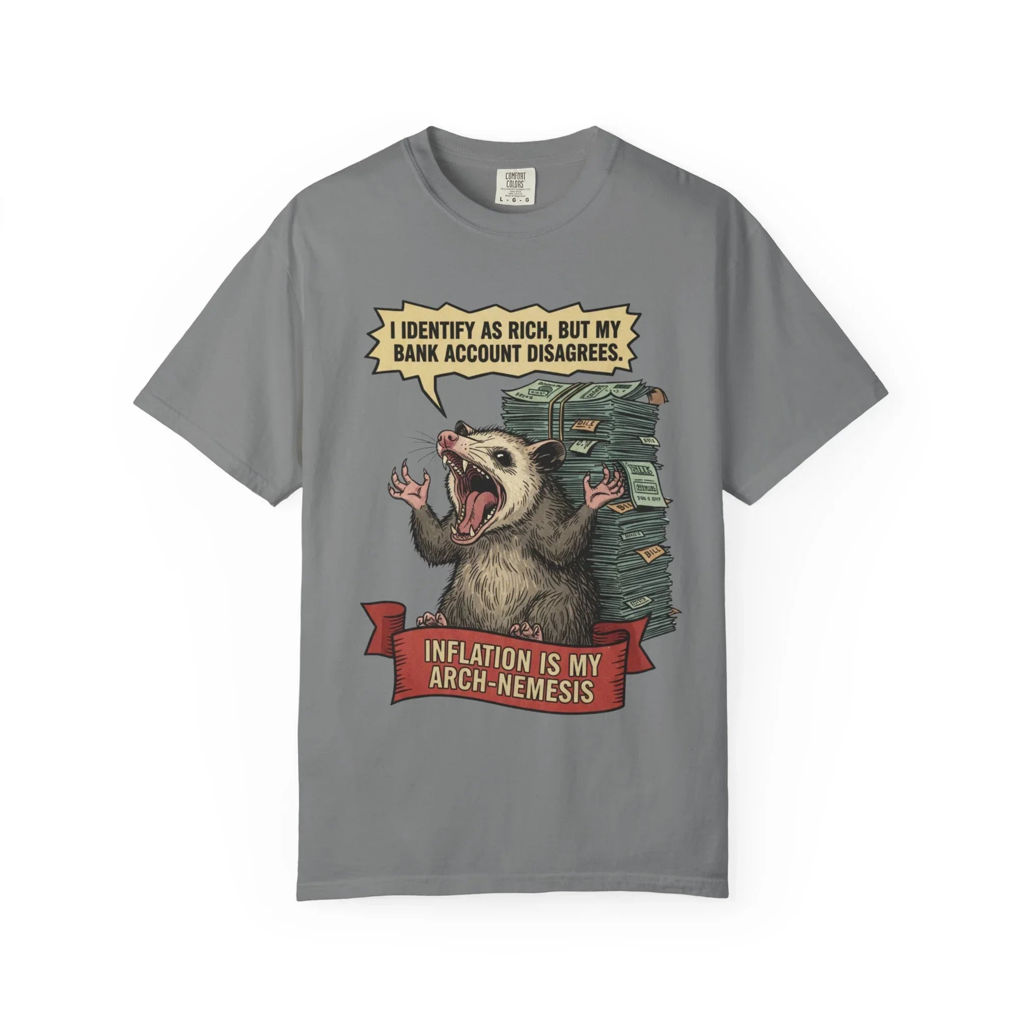 Funny Opossum Shirt - "I Identify As Rich" Inflation Meme Gift - Screaming Possum Hoodie - Relatable Money Humor T-Shirt - Vintage Style Animal Top Grey