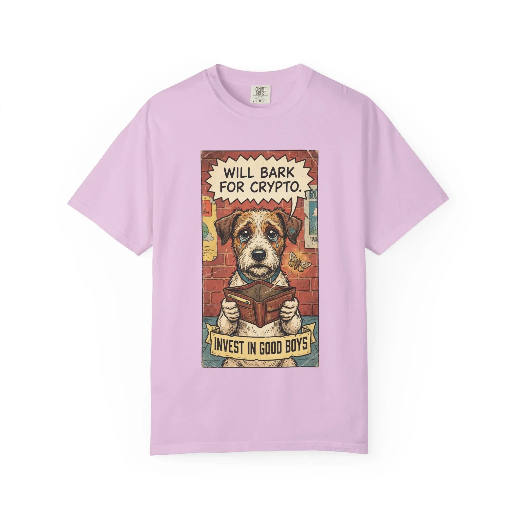 Funny Crypto Dog Shirt - Vintage Dogecoin Bitcoin Investor Gift - "Will Bark for Crypto" Graphic Tee - Retro Satirical Meme Clothing - HODL & Buy the Dip T-Shirt Orchid