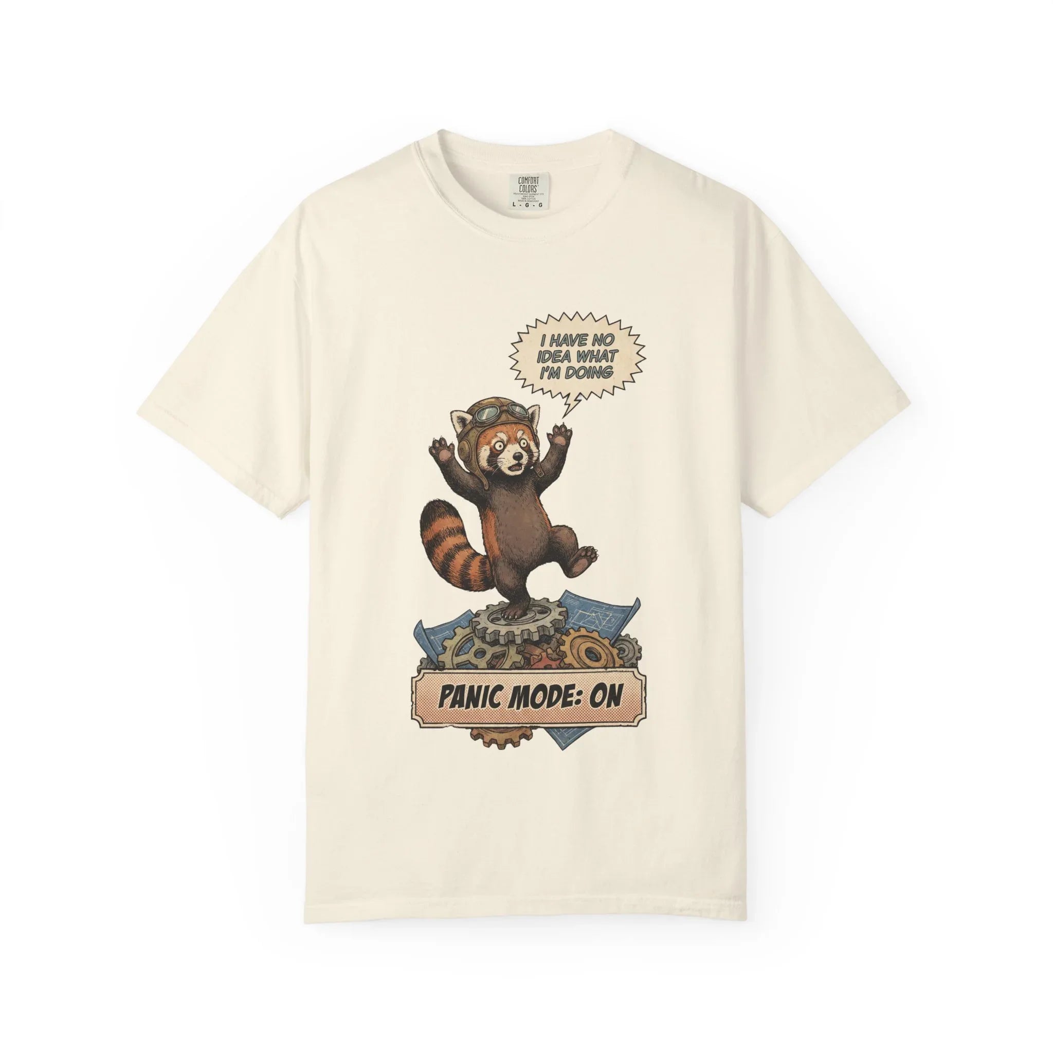Vintage Red Panda T-Shirt - Funny Engineer Gift - Panicked Pilot Shirt - Imposter Syndrome Meme Tee - Retro Mechanic Animal Graphic - "Panic Mode On" Top Ivory