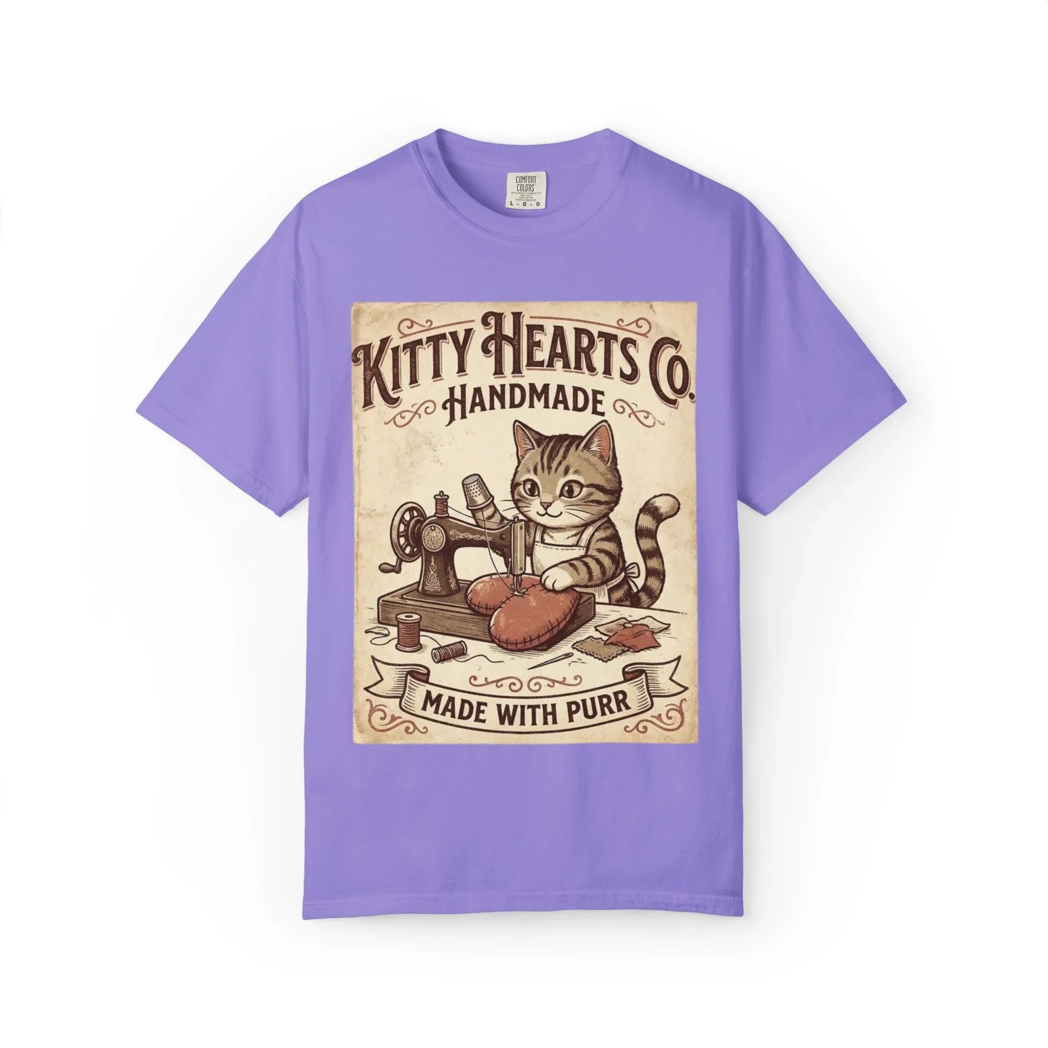 Kitty Hearts Co T-Shirt | Vintage Handmade Cat Sewing Made With Purr Graphic Tee Violet
