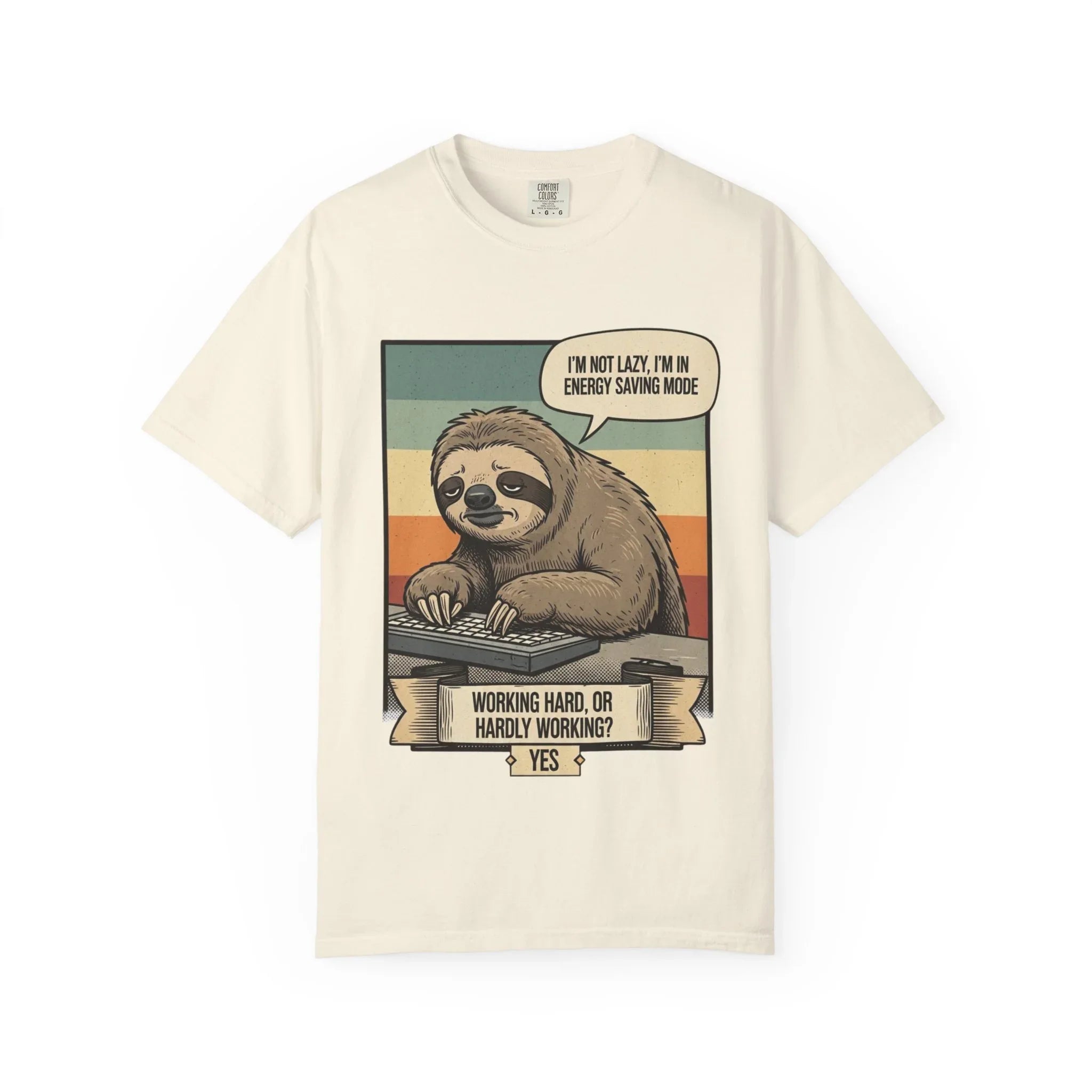 Funny Sloth Shirt - "I'm In Energy Saving Mode" T-Shirt - Office Humor Gift for Coworker - Lazy Animal Tee - Work From Home Graphic Tee - Retro Style Sloth Top Ivory