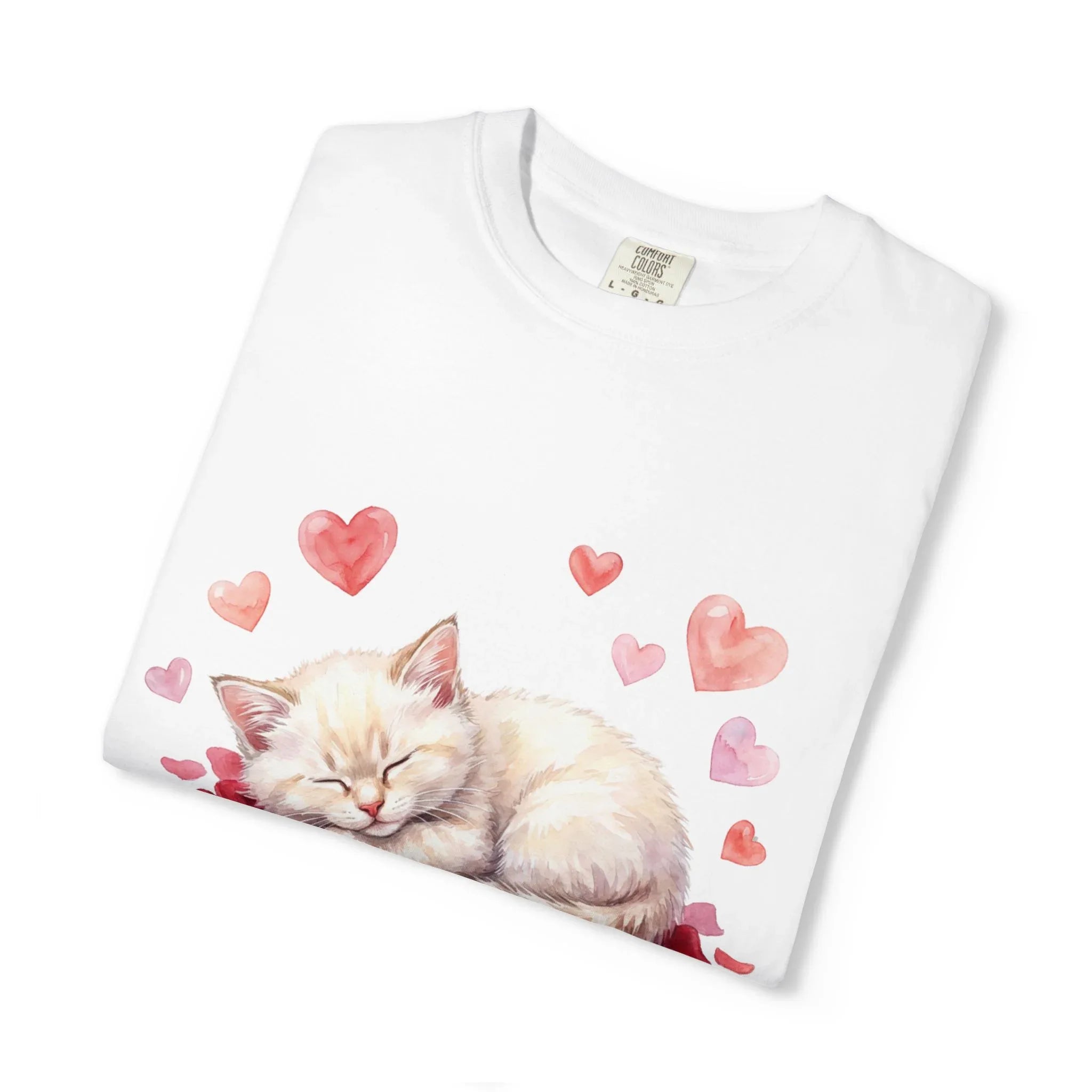 Sweet Dreams Valentine Kitten T Shirt Cute Sleeping Cat Hearts Watercolor Cozy Aesthetic Gift for Cat Lovers Soft VintageCotton Romantic Tee