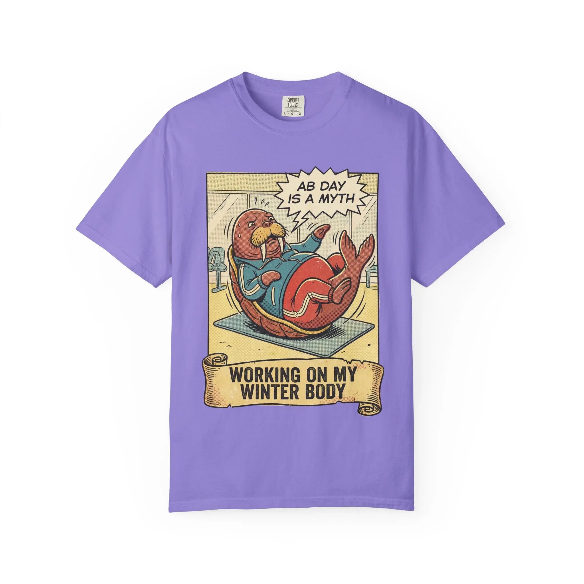 Funny Walrus Gym Shirt - "Ab Day Is A Myth" Retro Comic Tee - Sarcastic Workout Graphic T-Shirt - Working On My Winter Body Gift - Vintage Pop Art Fitness Streetwear Violet
