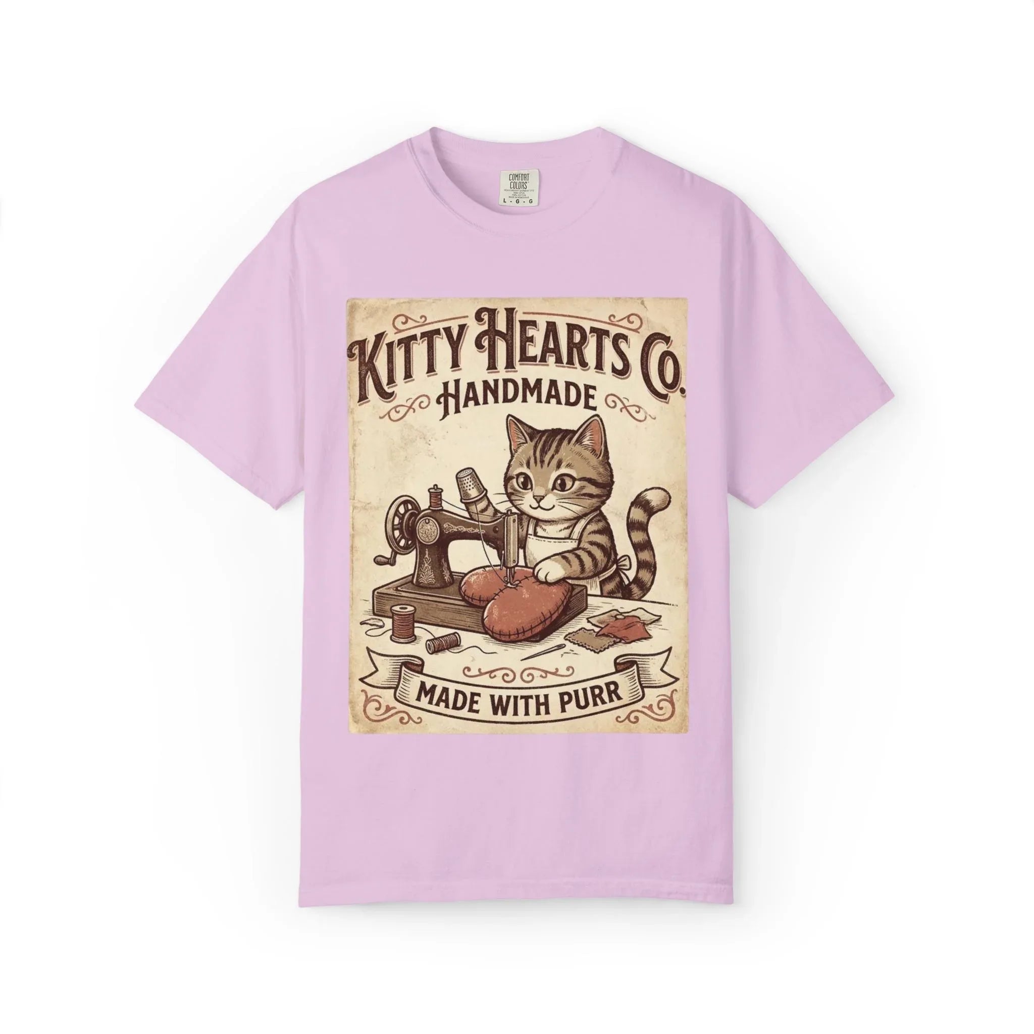 Kitty Hearts Co T-Shirt | Vintage Handmade Cat Sewing Made With Purr Graphic Tee Orchid