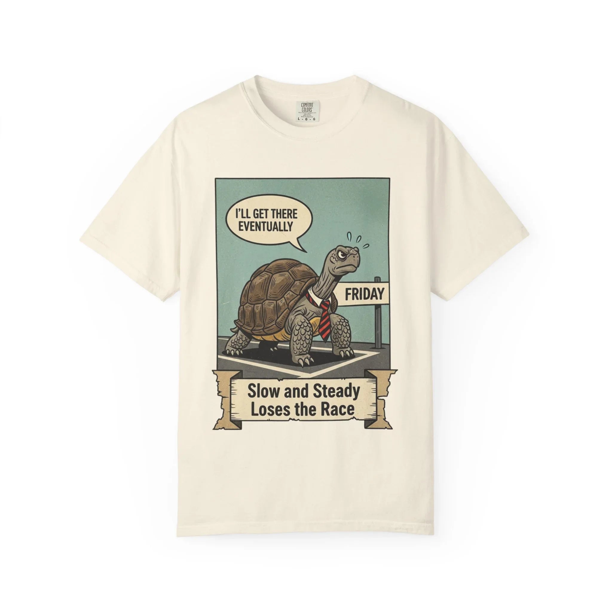 Funny Friday Shirt - Office Humor T-Shirt - Corporate Turtle Tee - Weekend Vibes Gift - "Slow and Steady Loses the Race" - Retro Animal Art Work Sarcasm Top Ivory