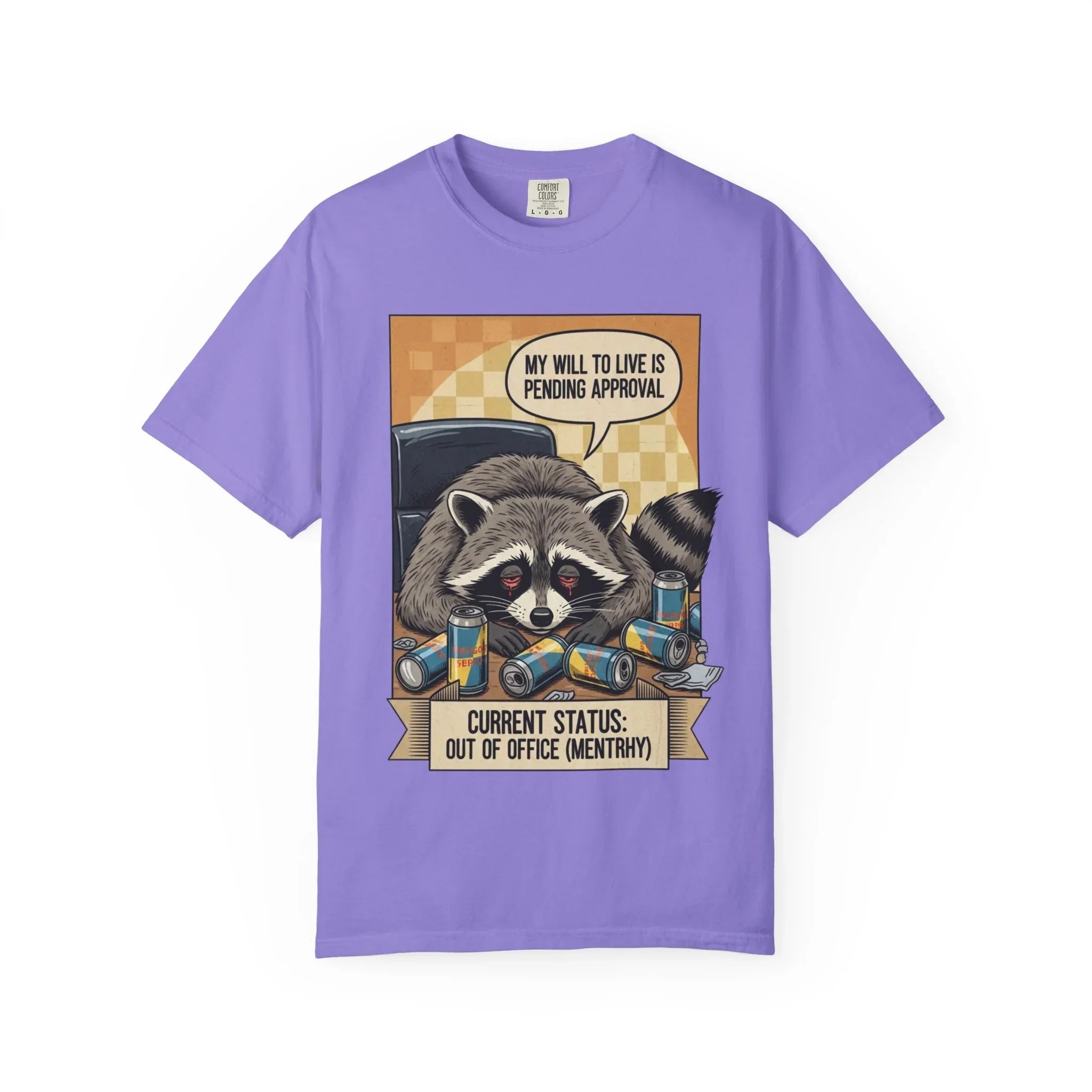 Funny Raccoon Shirt - Mentally Exhausted Office Tee - Retro Trash Panda Corporate Humor - Sarcastic "Pending Approval" T-Shirt - Relatable Coworker Gift & Work From Home Apparel Violet