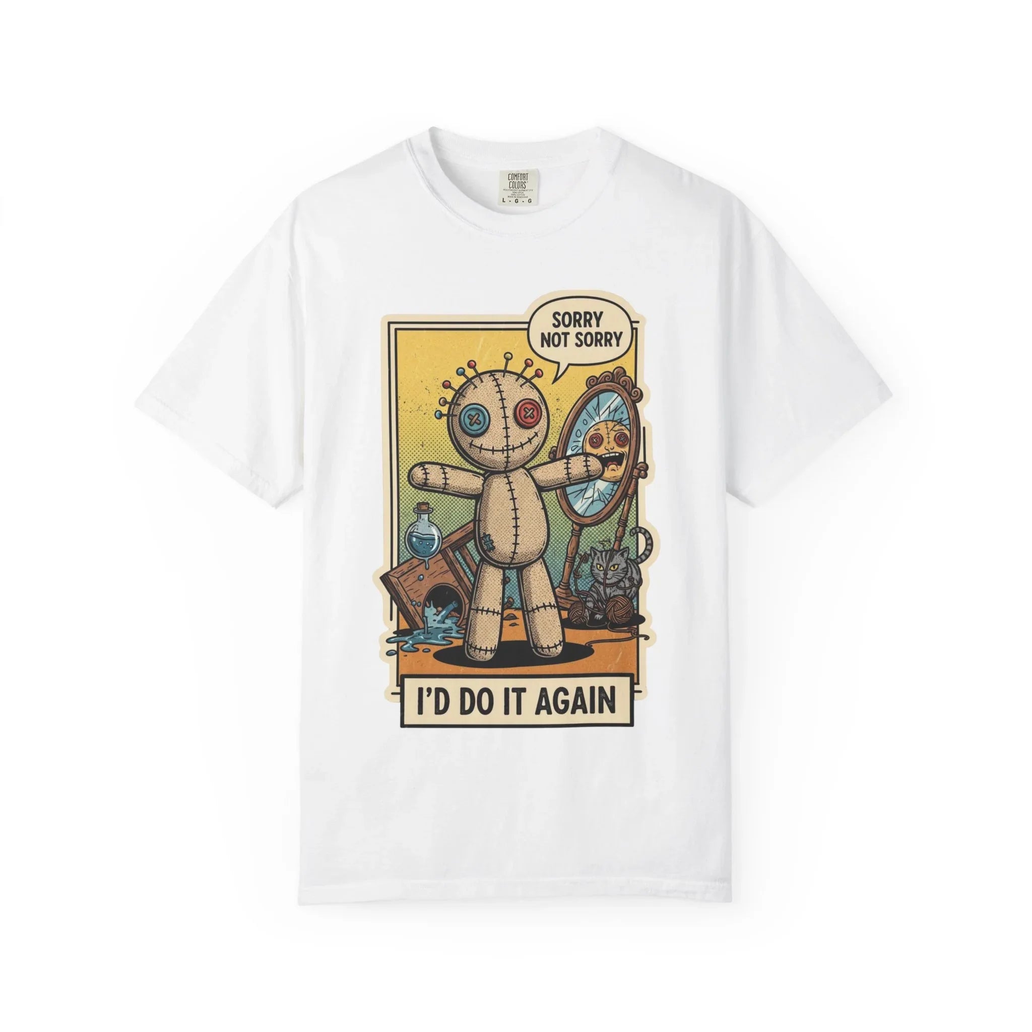 Sorry Not Sorry Voodoo Doll Shirt - Sarcastic "I'd Do It Again" Graphic Tee - Retro Comic Dark Humor T-Shirt - Vintage Black Cat Aesthetic Streetwear - Unapologetic Mood Gift