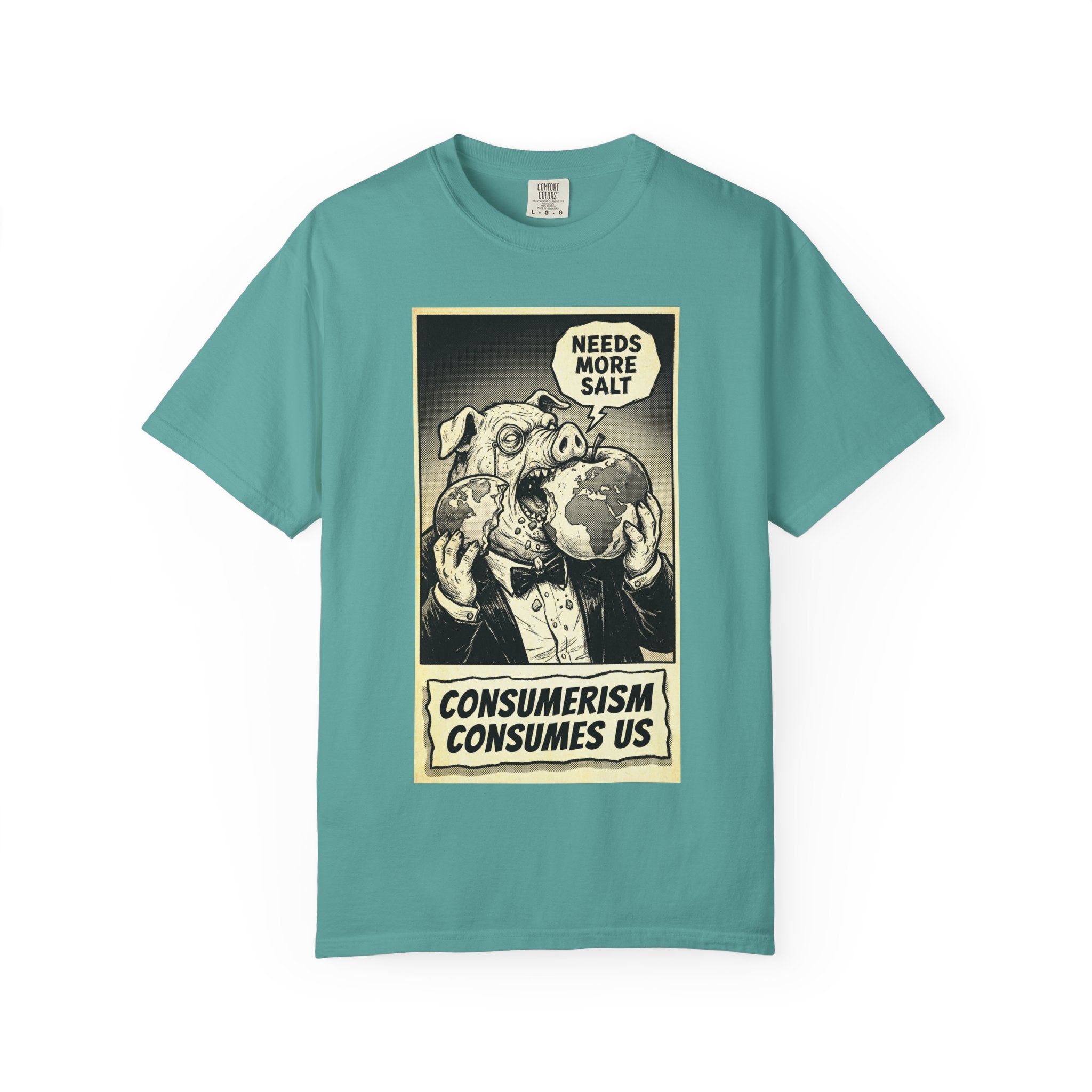 Consumerism Consumes Us T-Shirt | Vintage Satire Corporate Pig Graphic Tee | Anti-Capitalism Activist Apparel Seafoam