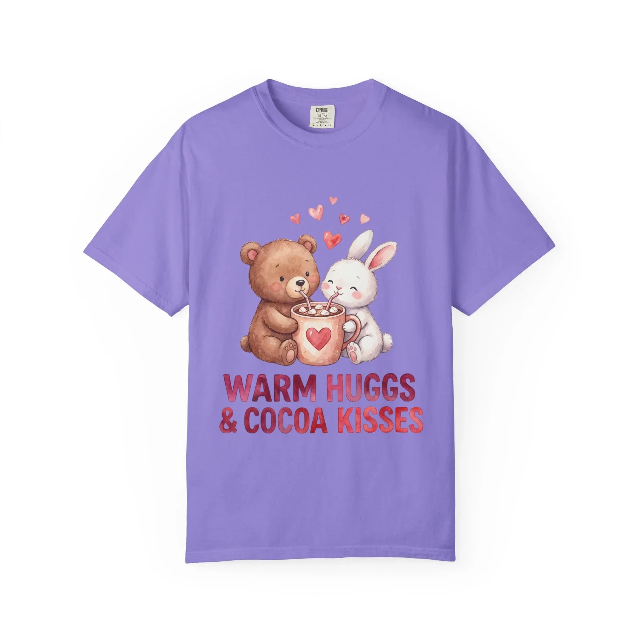 Warm Hugs and Cocoa Kisses T-Shirt | Bear Bunny Hot Cocoa Design | Cozy Winter Valentine Gift | Soft Vintage Aesthetic Tee Violet