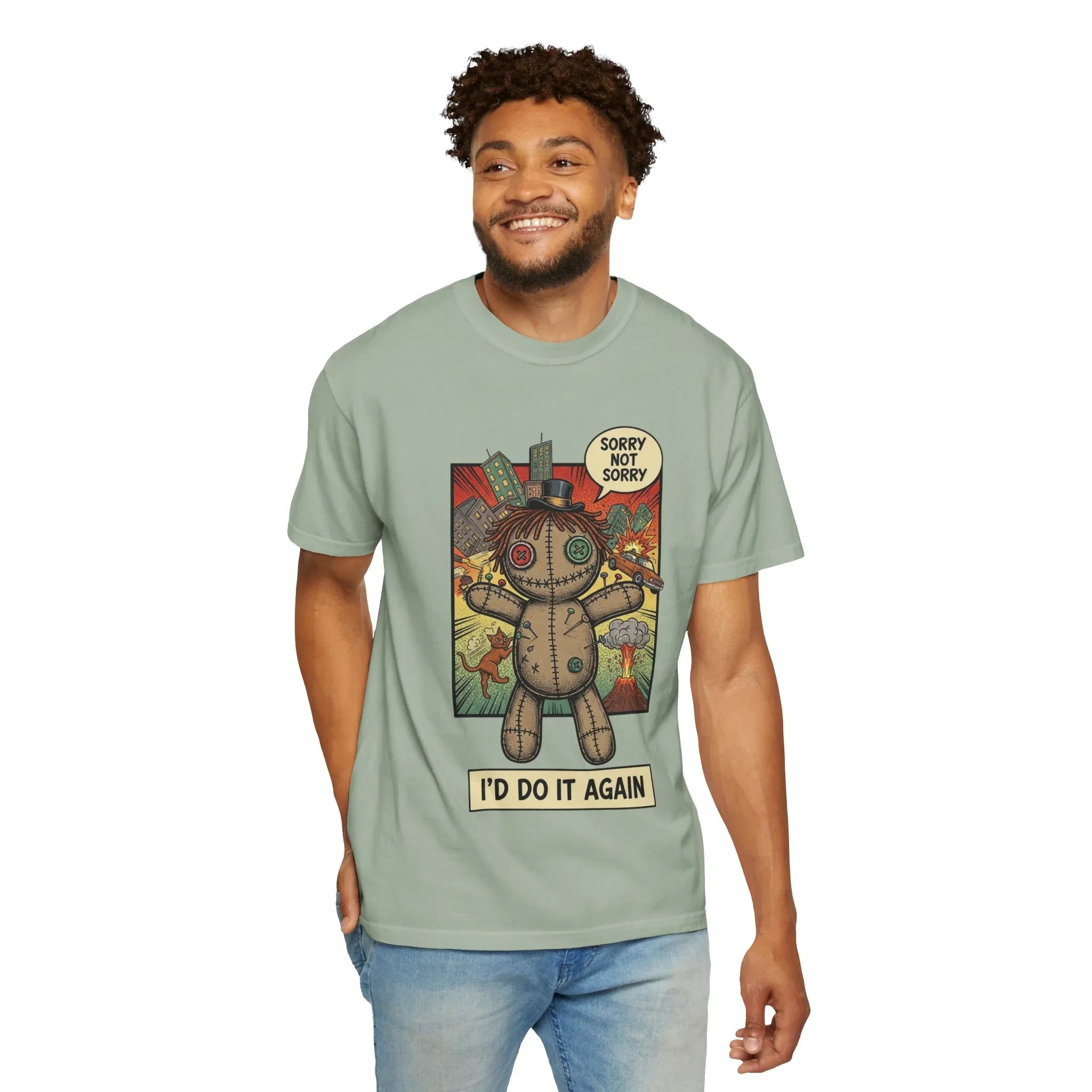 Funny Voodoo Doll Sarcastic Shirt - Retro Comic Dark Humor Graphic Tee - "I'd Do It Again" Sorry Not Sorry Unapologetic Mood T-Shirt - Vintage Garment-Dyed Streetwear Bay