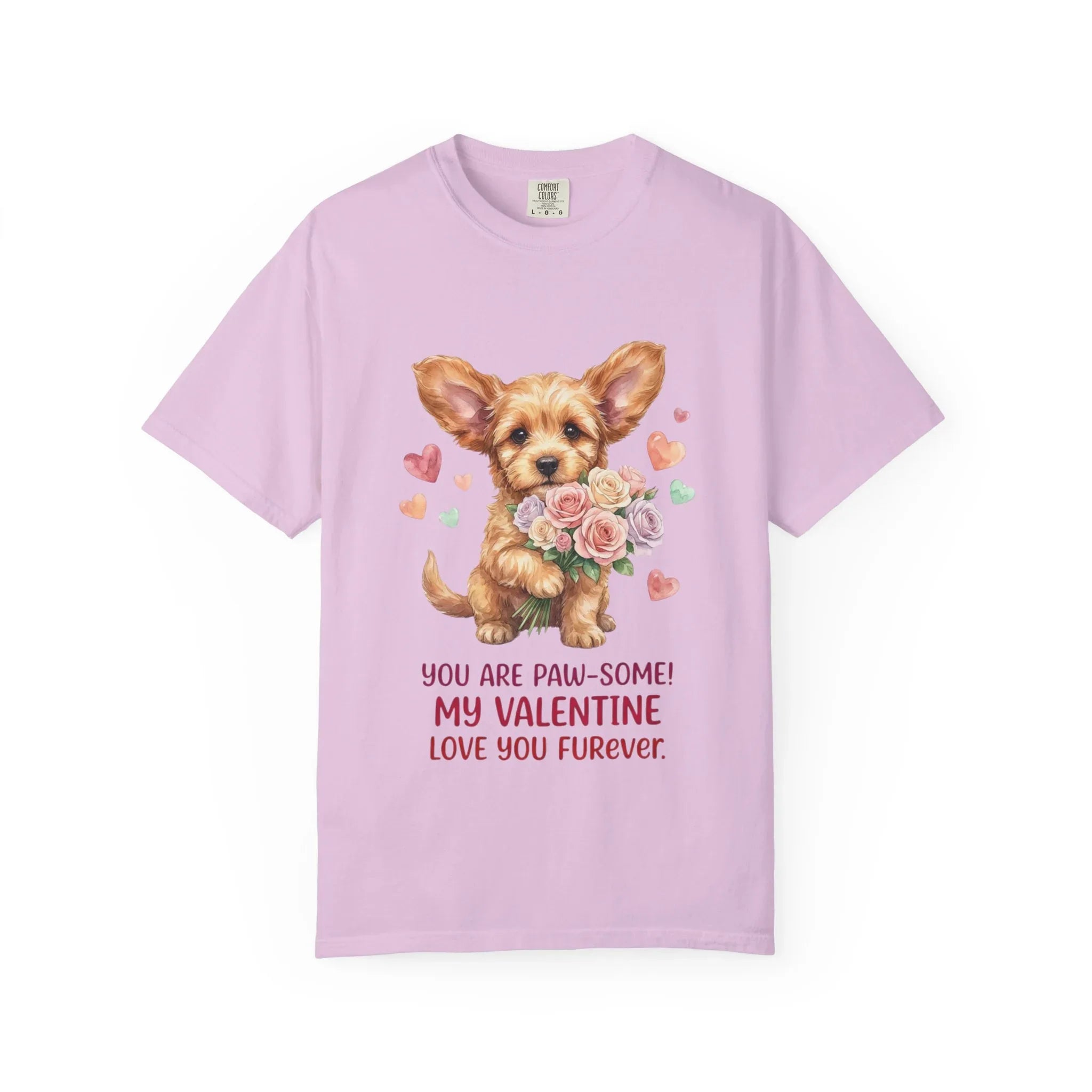 Cute Puppy Holding Roses Valentine T Shirt Paw-some Love You Furever Watercolor Cozy Vintage Aesthetic Gift Dog Lovers Soft Cotton Romantic Orchid