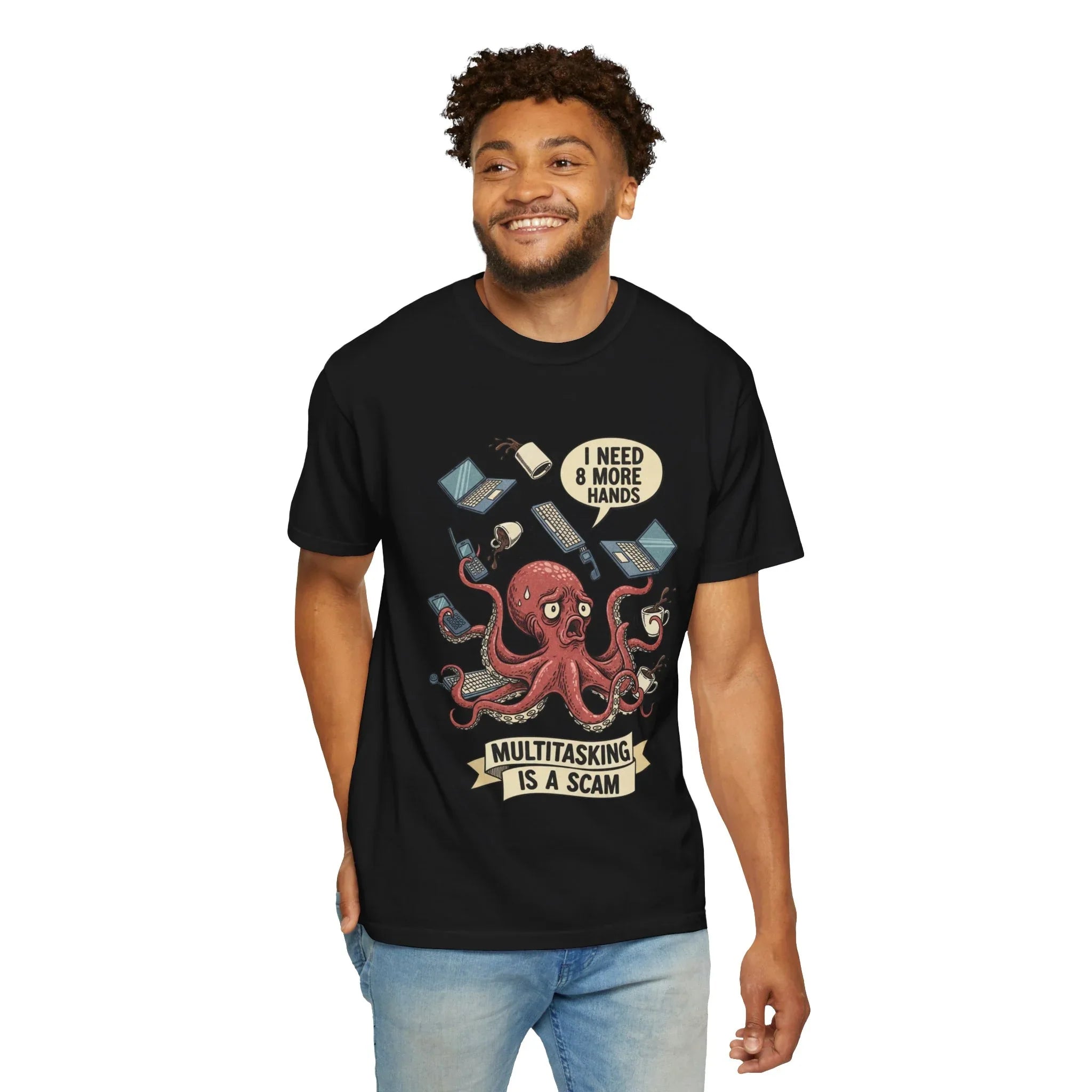 Funny Octopus Shirt - "Multitasking Is A Scam" T-Shirt - Vintage Work Humor Tee - Office Gift for Coworker - Burnout Graphic Tee - Retro Cartoon Top