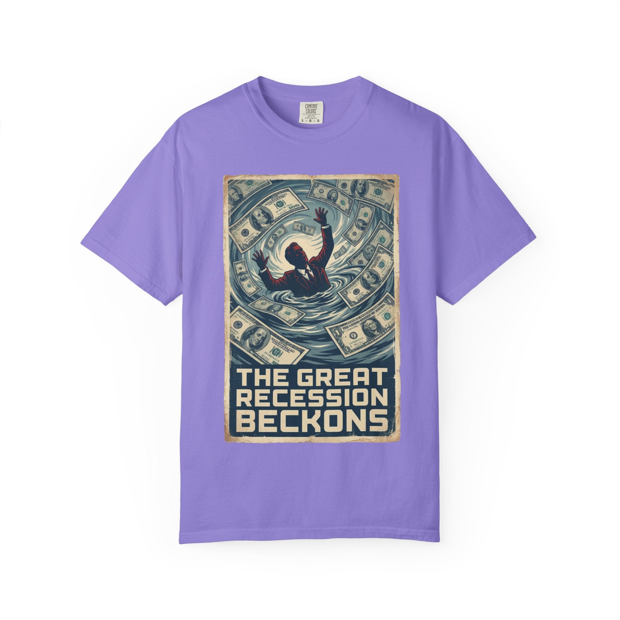 💰The Great Recession Beckons T-Shirt - Vintage Retro Propaganda Art - Economic Satire Tee - Distressed Financial Crisis Shirt - Aesthetic Streetwear Violet