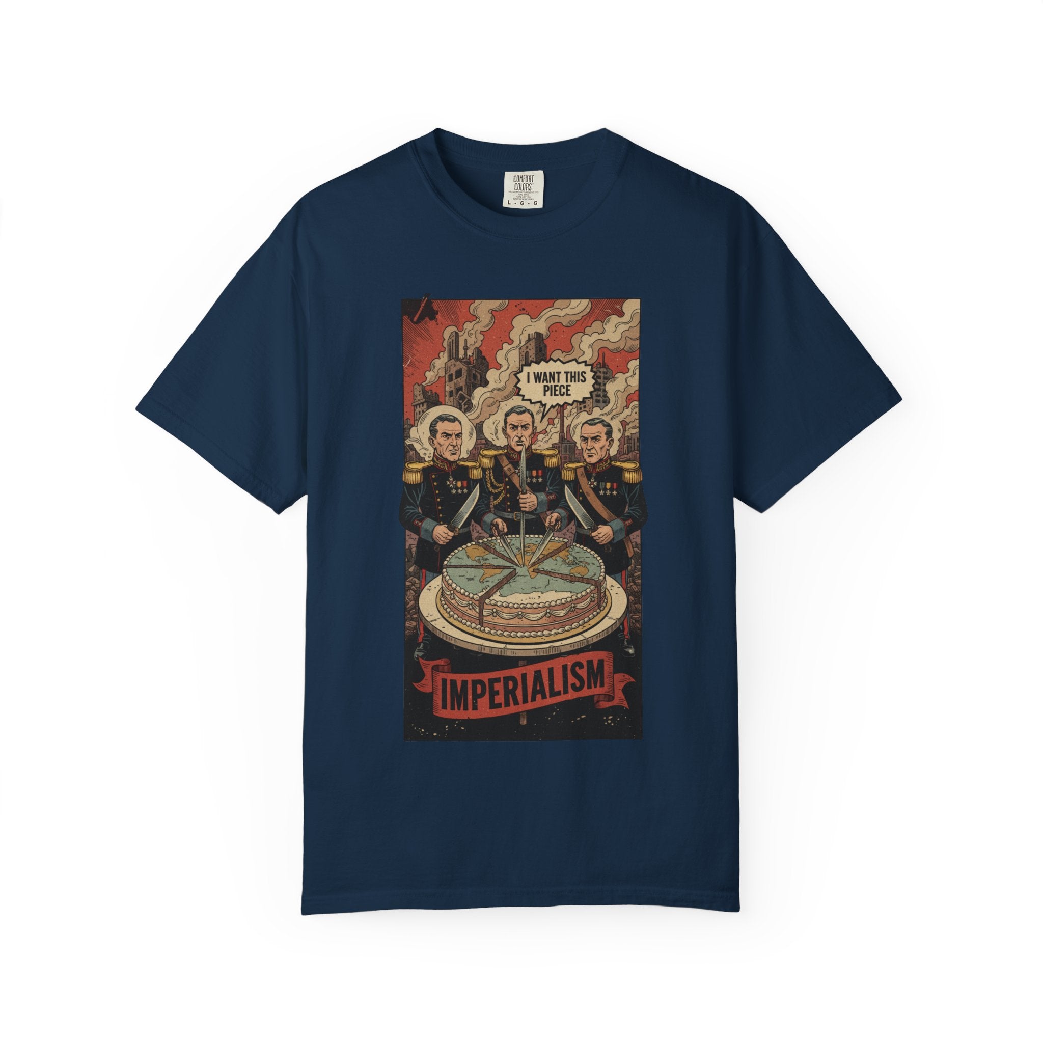 Imperialism World Cake T-Shirt - Political Satire Tee - Vintage Comic Leadership Vacuum Shirt - Sarcastic History Gift True Navy