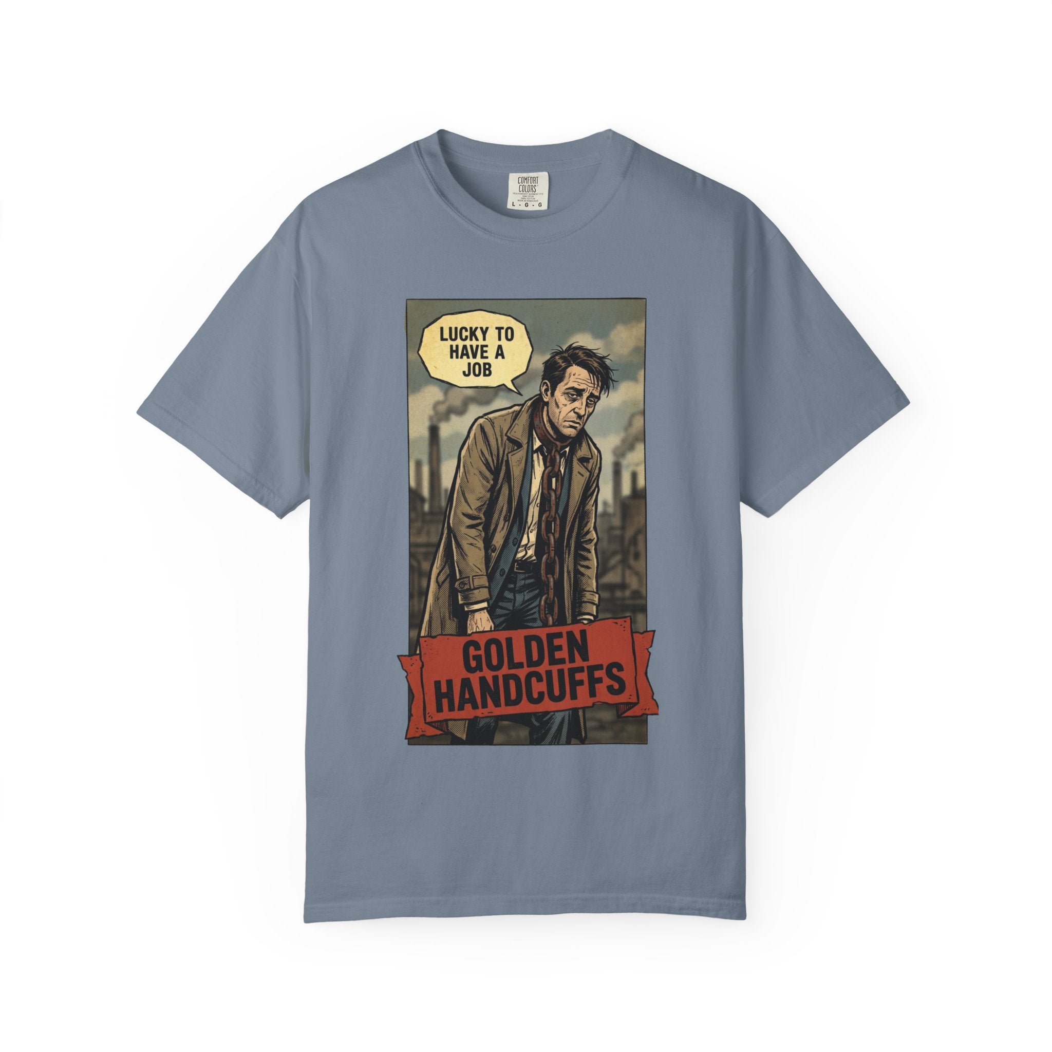Golden Handcuffs Vintage Comic Shirt Sarcastic Work Humor Tee Retro Anti Work Gift Corporate Slave Aesthetic Tshirt Industrial GrungeGraphic Blue Jean