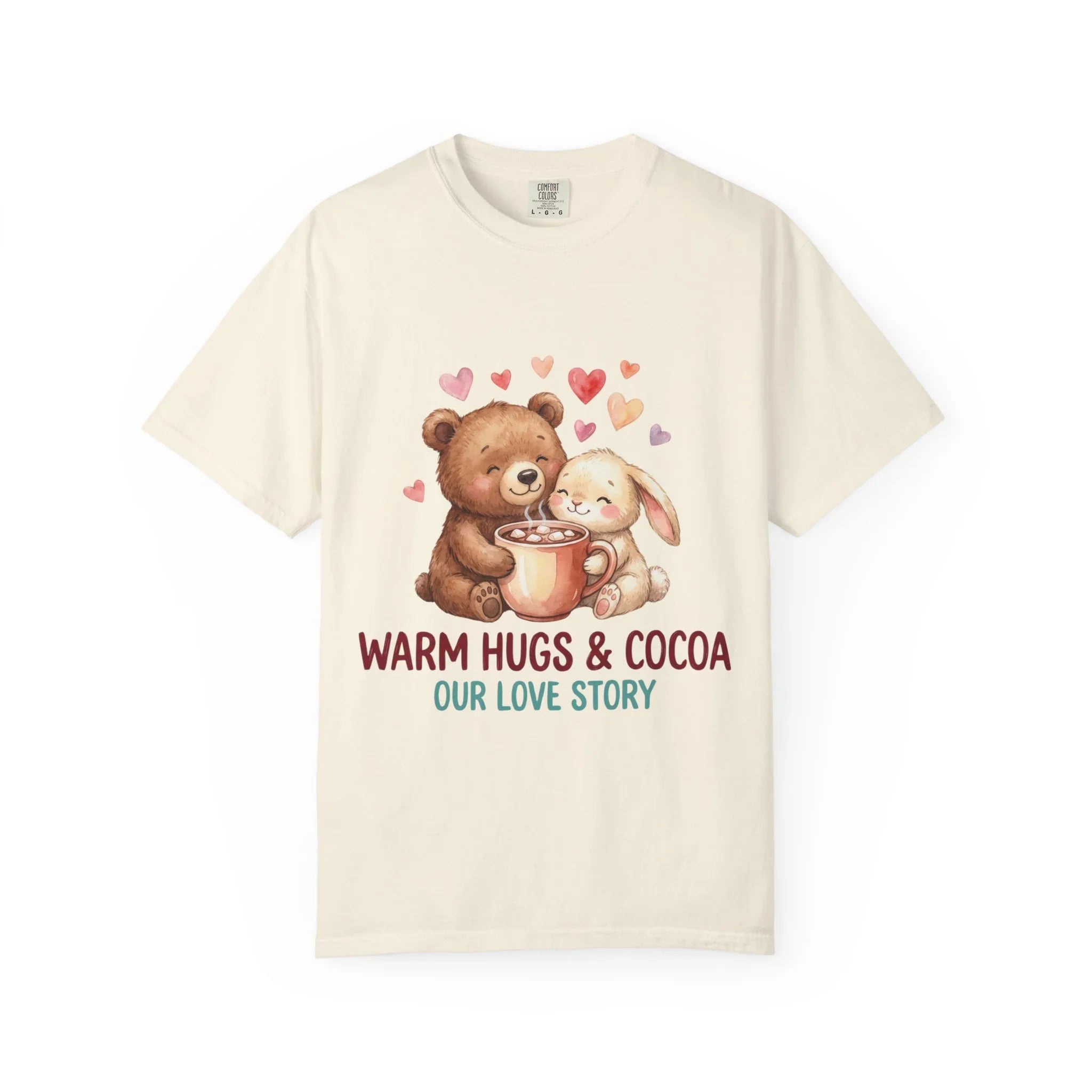 Warm Hugs and Cocoa Our Love Story T-Shirt | Bear Bunny Illustration | Cozy Winter Valentine Gift | Soft Vintage Storybook Tee Ivory