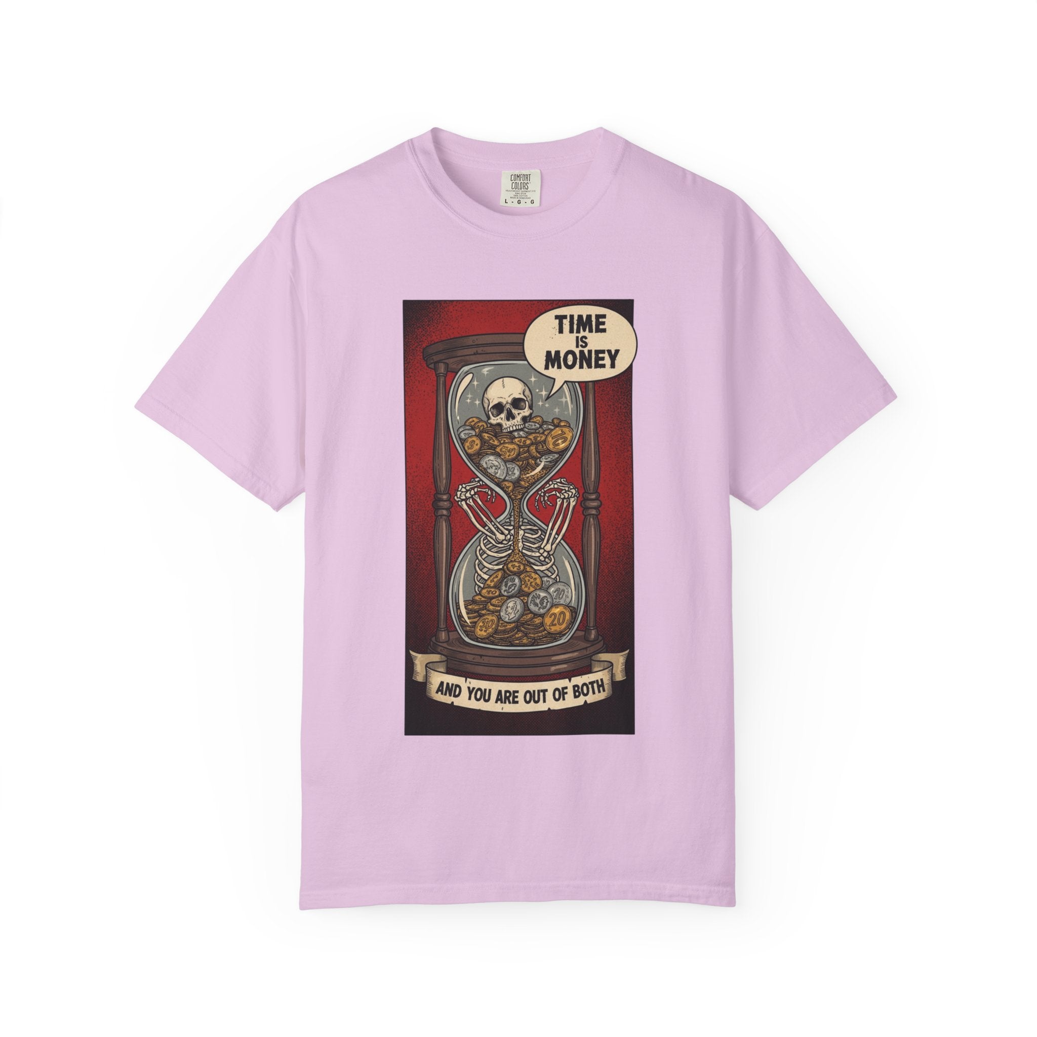 Time is Money and You Are Out of Both Skeleton T-Shirt Vintage Hourglass Skull Graphic Tee Dark Humor Sarcastic Aesthetic Shirt Orchid