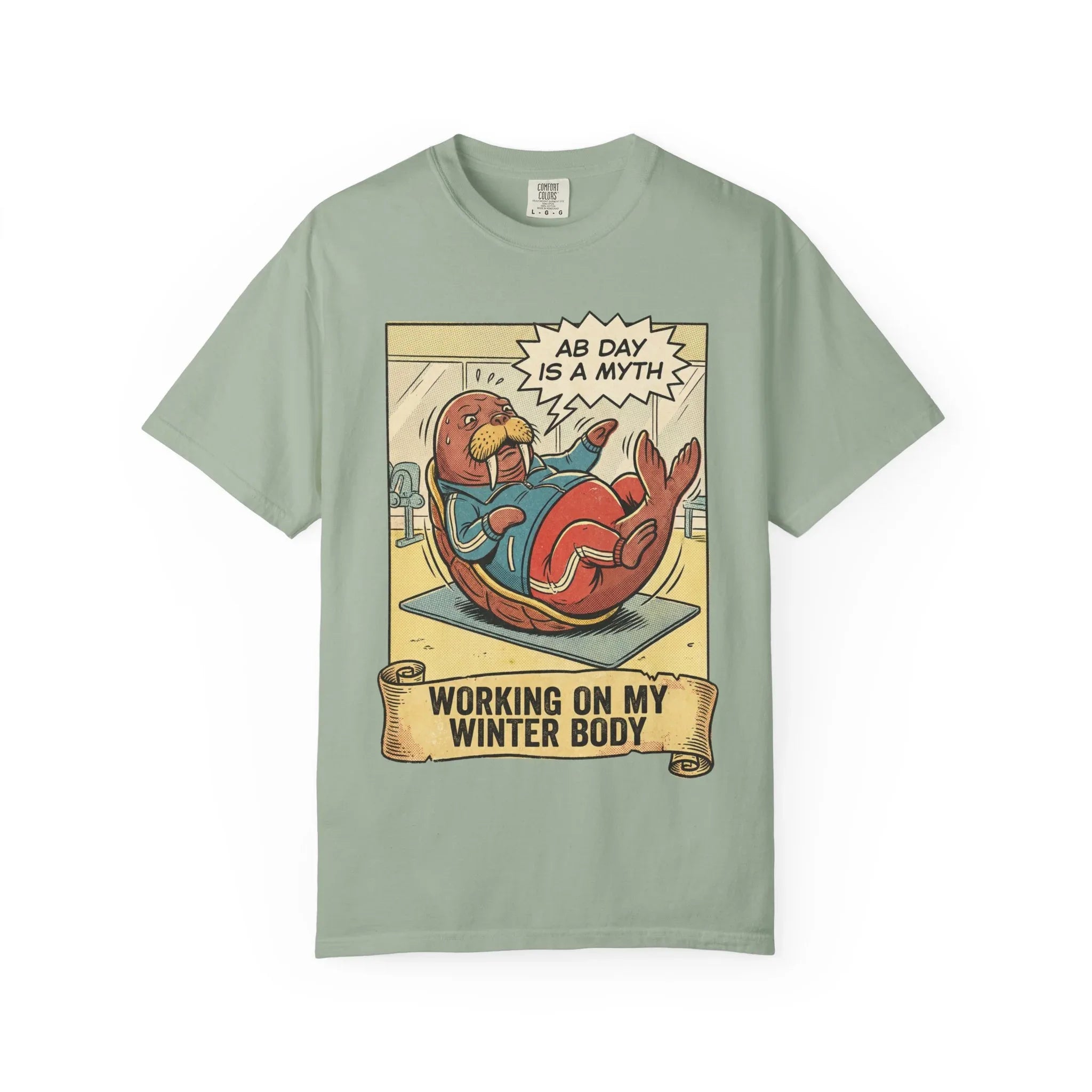 Funny Walrus Gym Shirt - "Ab Day Is A Myth" Retro Comic Tee - Sarcastic Workout Graphic T-Shirt - Working On My Winter Body Gift - Vintage Pop Art Fitness Streetwear Bay