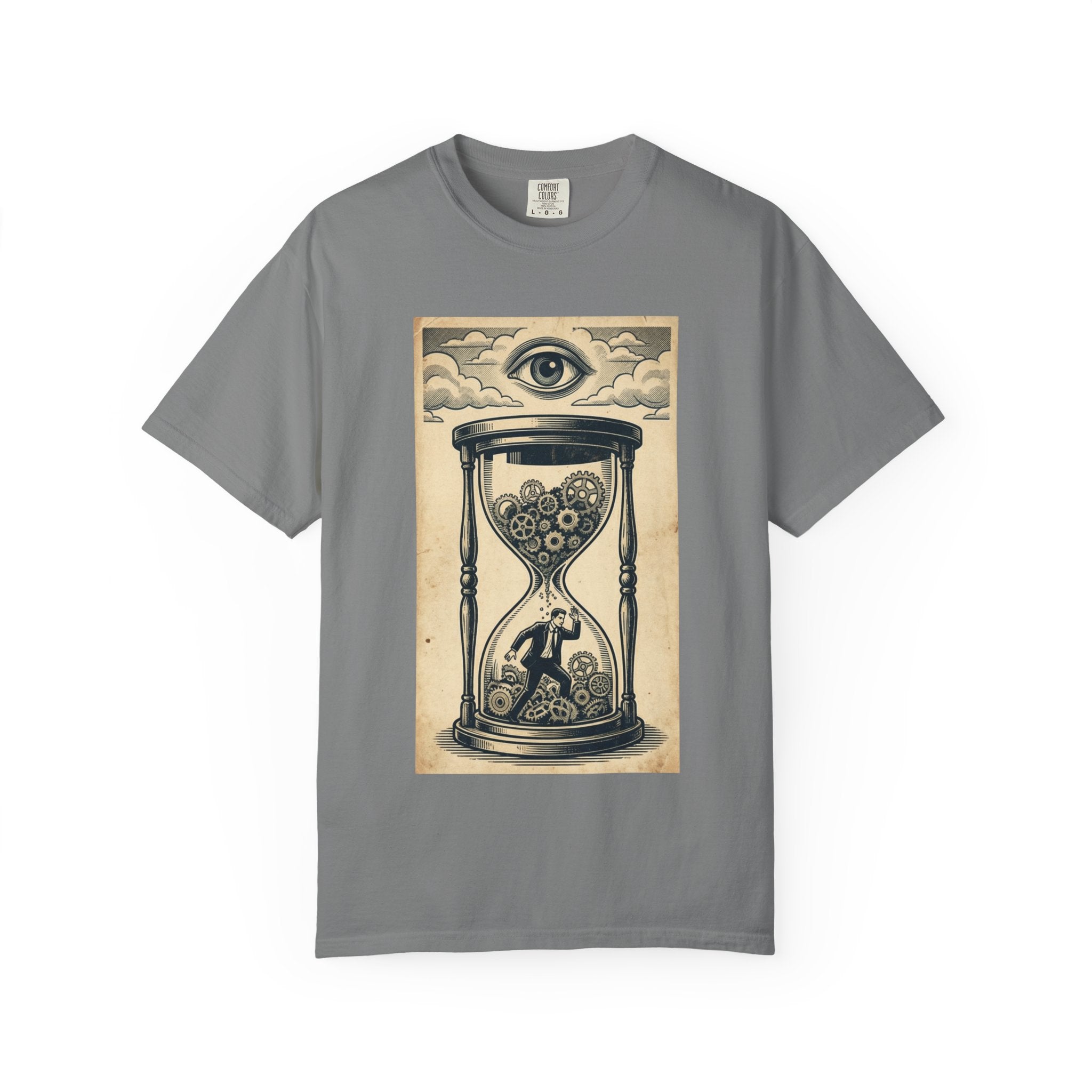 Vintage Dystopian Surrealism Shirt, All Seeing Eye Retro Graphic Tee, Dark Academia Clothing, Steampunk Gear T-Shirt, Gift for Philosophy Lovers, Oversized Unisex Corporate Satire Apparel Grey