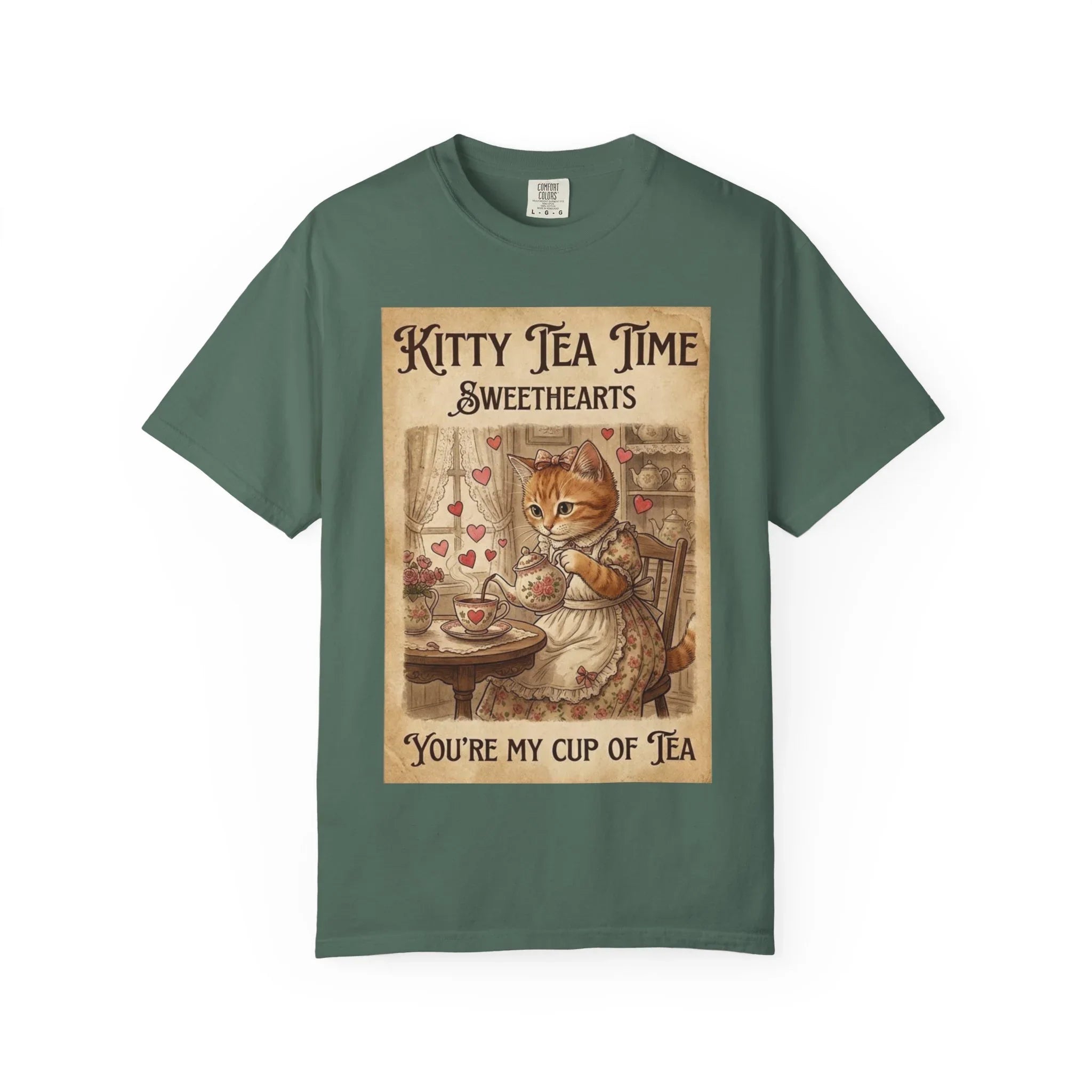 Kitty Tea Time T-Shirt | Vintage Cat Youre My Cup of Tea Graphic Tee | Retro Cozy Cat Lover Gift Shirt Blue Spruce