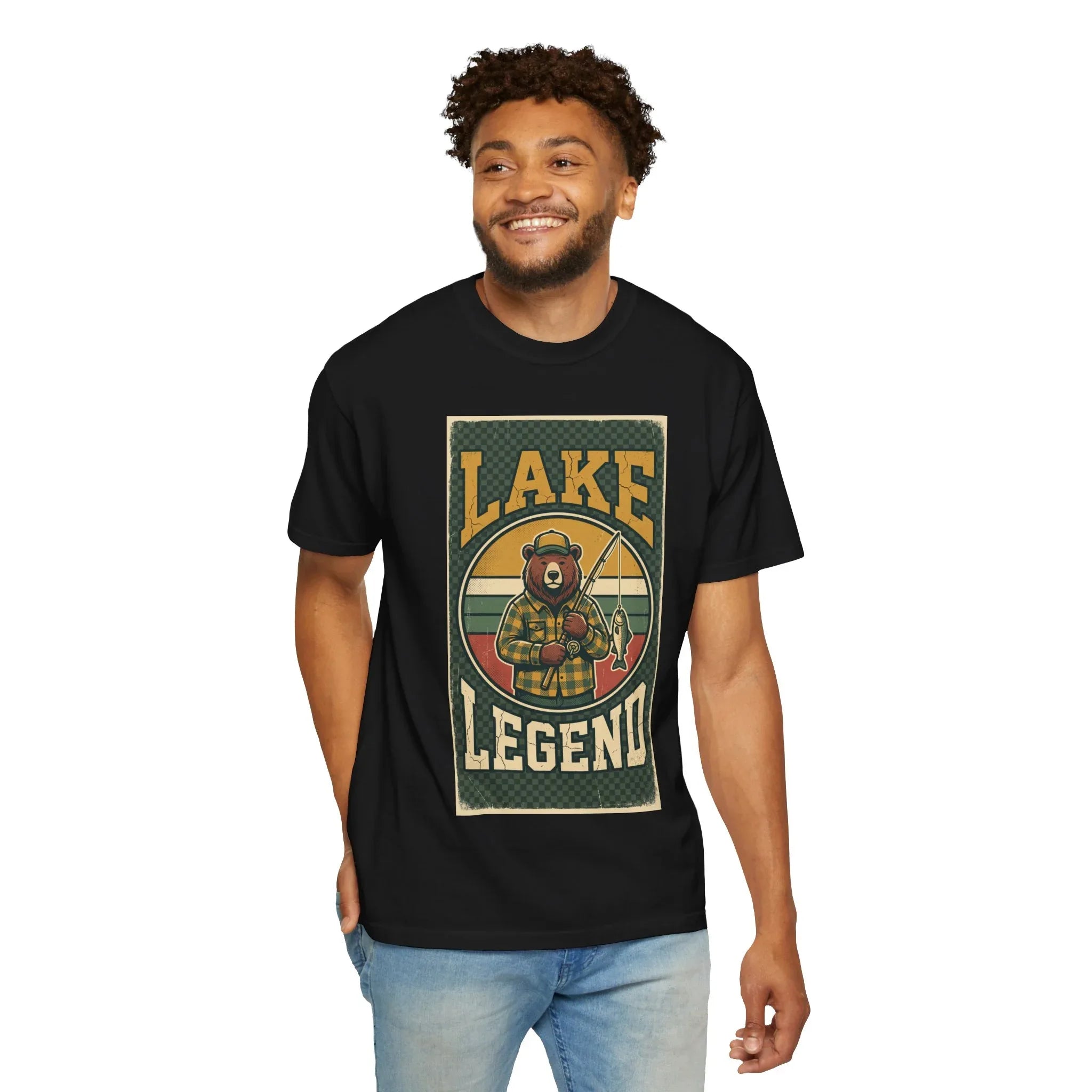 Lake Legend Bear Fishing T-Shirt | Retro Outdoors Graphic Tee | Vintage Cabin Lake Life Shirt | Garment-Dyed Heavyweight Unisex