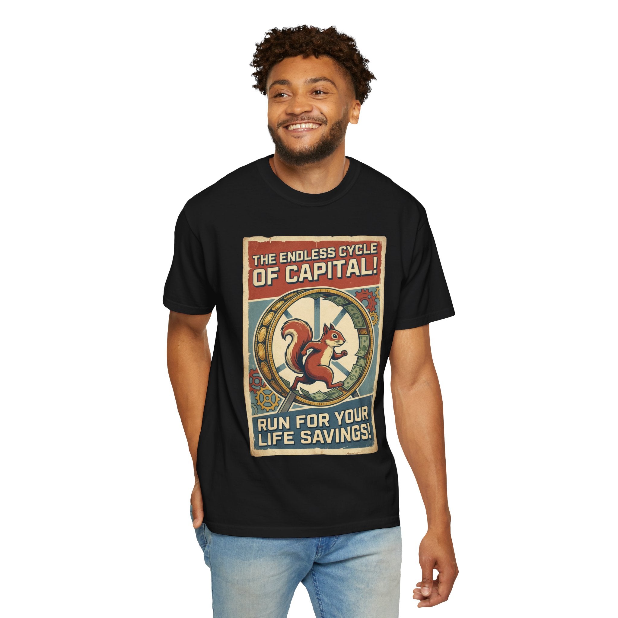 The Endless Cycle of Capital T-Shirt - Run For Your Life Savings Tee - Funny Squirrel Rat Race Satire - Vintage Retro Propaganda Graphic