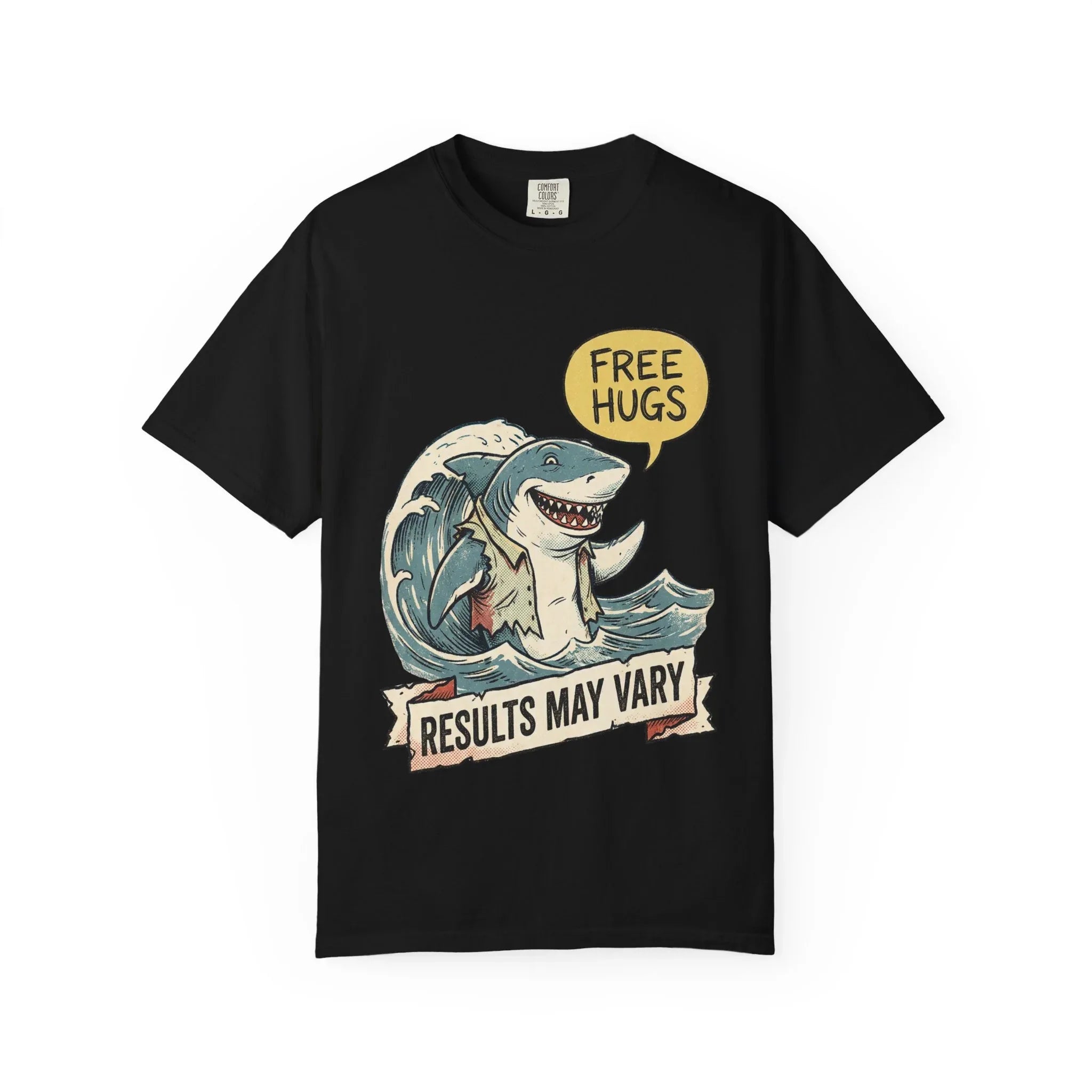 Vintage Shark Shirt - Funny "Free Hugs" T-Shirt - Dark Humor Gift - Retro Graphic Tee - Sarcastic Ocean Lover Top - Grunge Style Animal Apparel Black