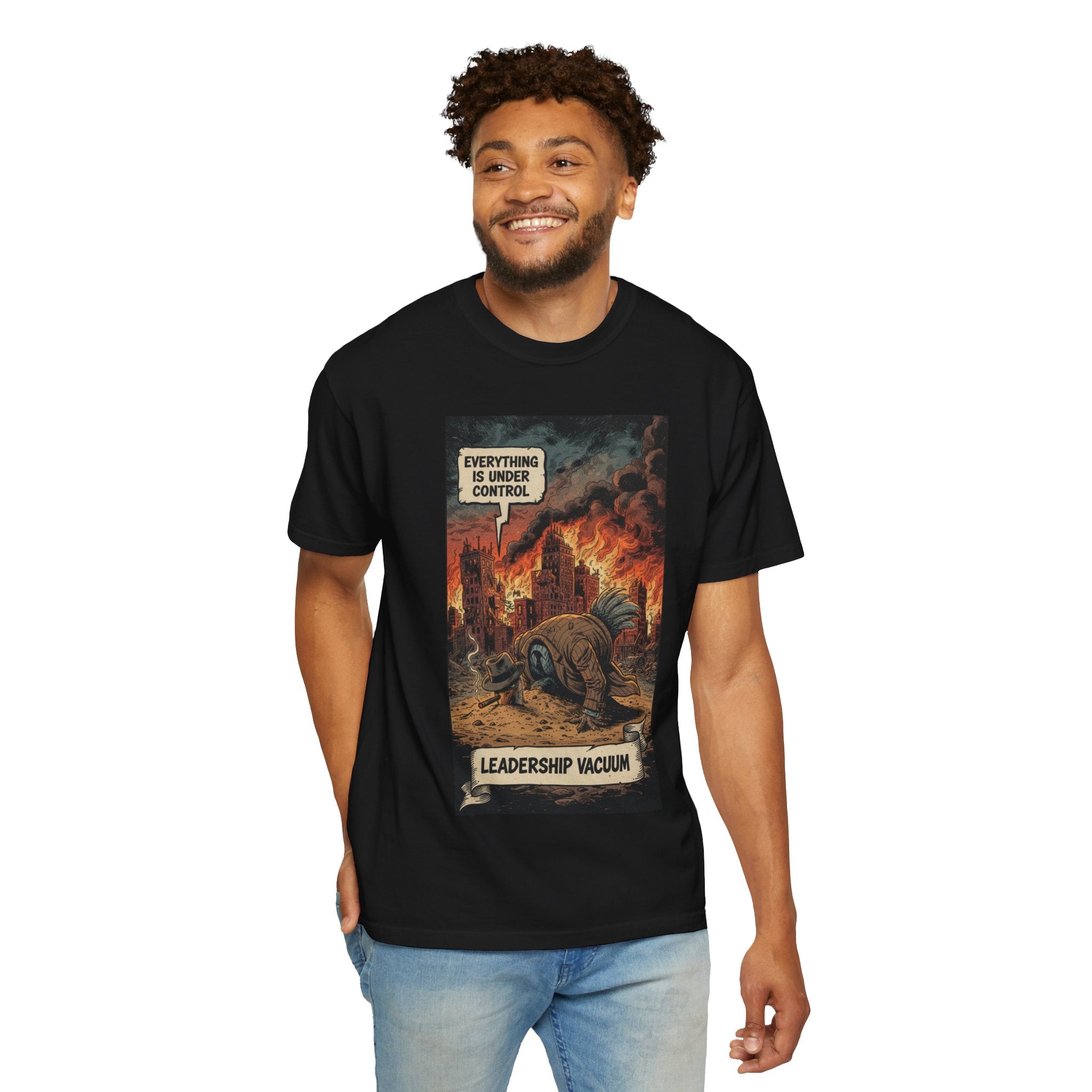 Leadership Vacuum T-Shirt - Funny Corporate Satire Tee - Head in Sand Ostrich Shirt - Sarcastic Management Humor Gift - Vintage Comic Style