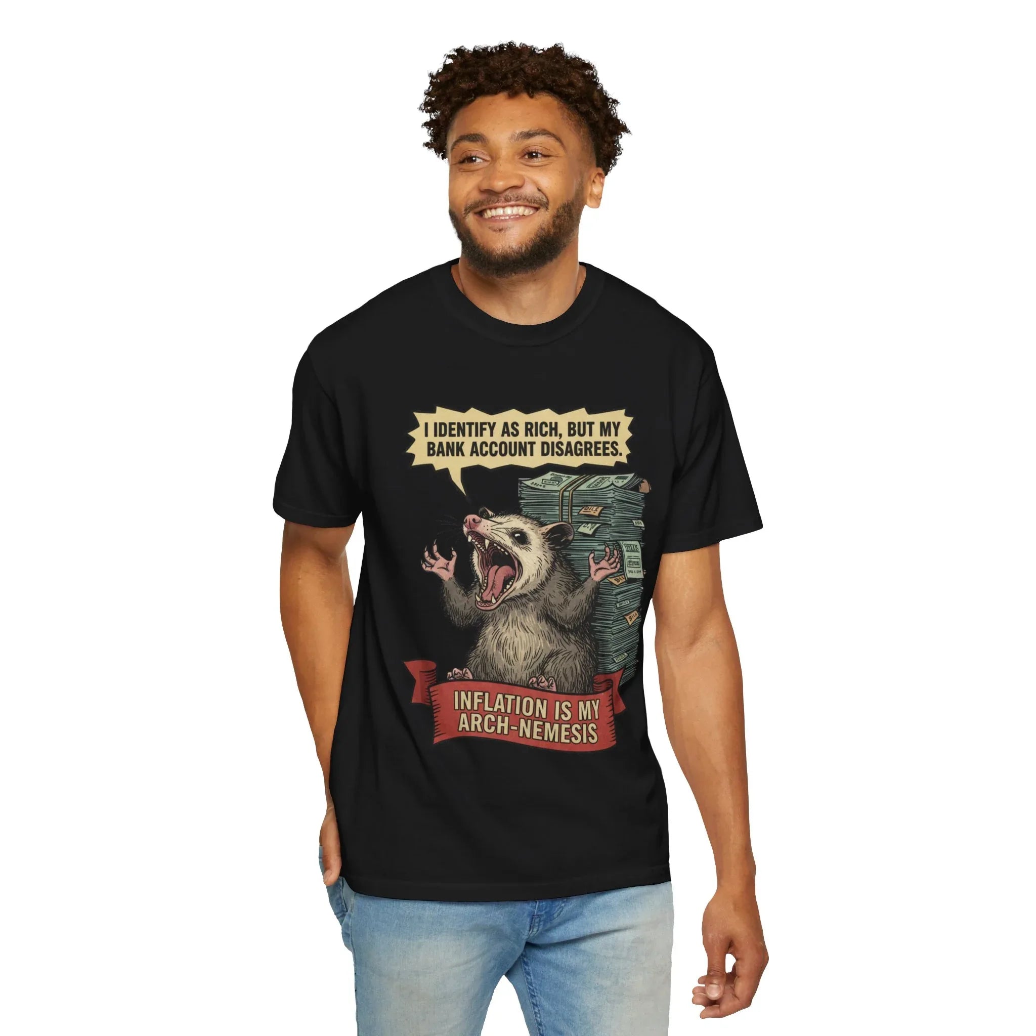 Funny Opossum Shirt - "I Identify As Rich" Inflation Meme Gift - Screaming Possum Hoodie - Relatable Money Humor T-Shirt - Vintage Style Animal Top