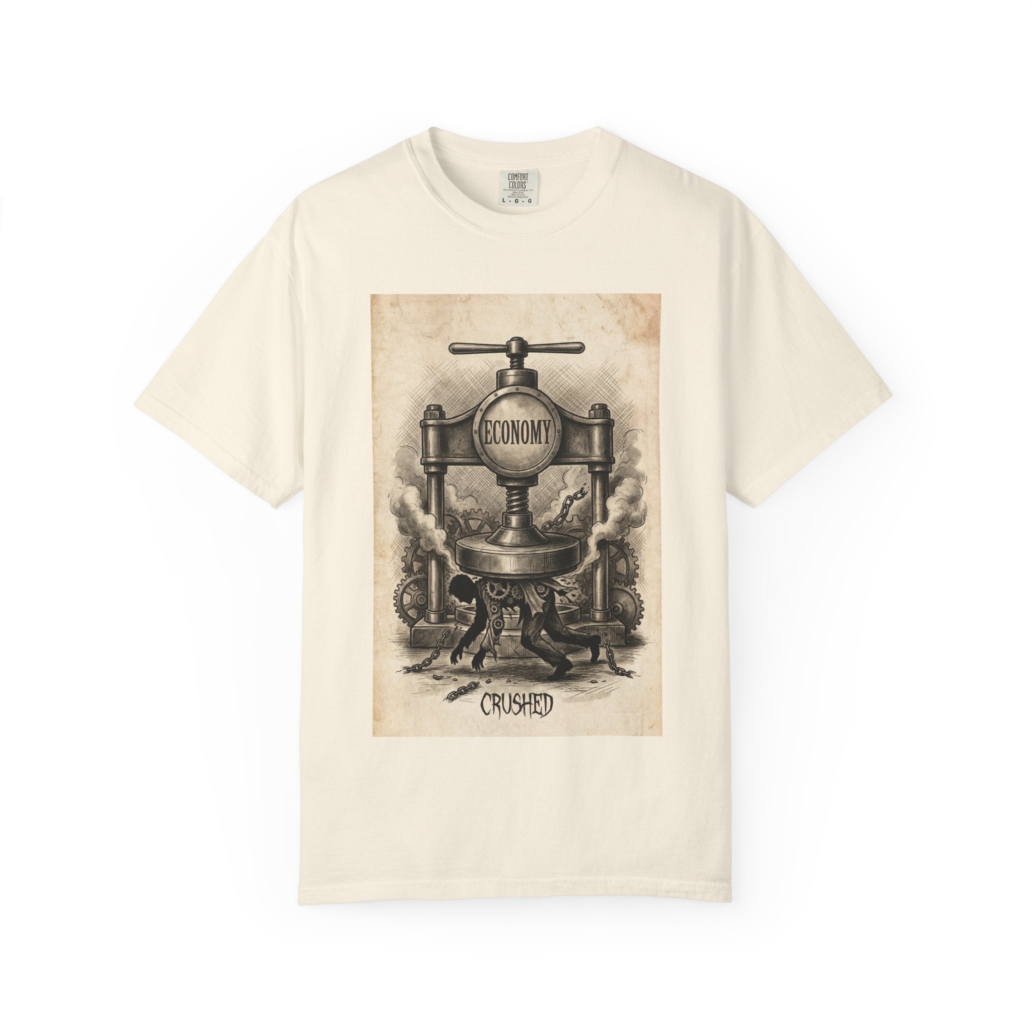 Vintage Economy Press T-Shirt | Retro Industrial Satire Tee | Dark Academia Social Comment Art Shirt | Gift for Philosophy & Economics Lovers" Ivory