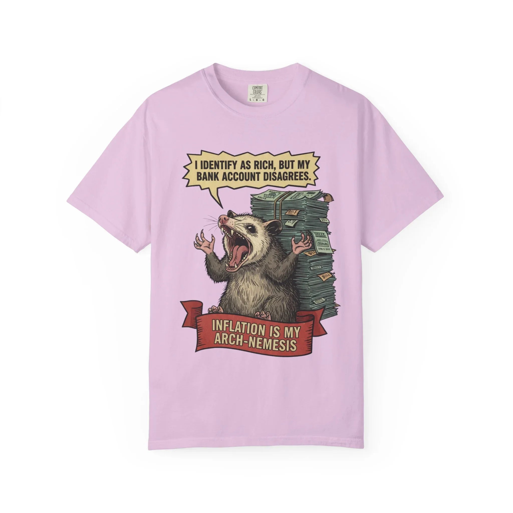 Funny Opossum Shirt - "I Identify As Rich" Inflation Meme Gift - Screaming Possum Hoodie - Relatable Money Humor T-Shirt - Vintage Style Animal Top Orchid