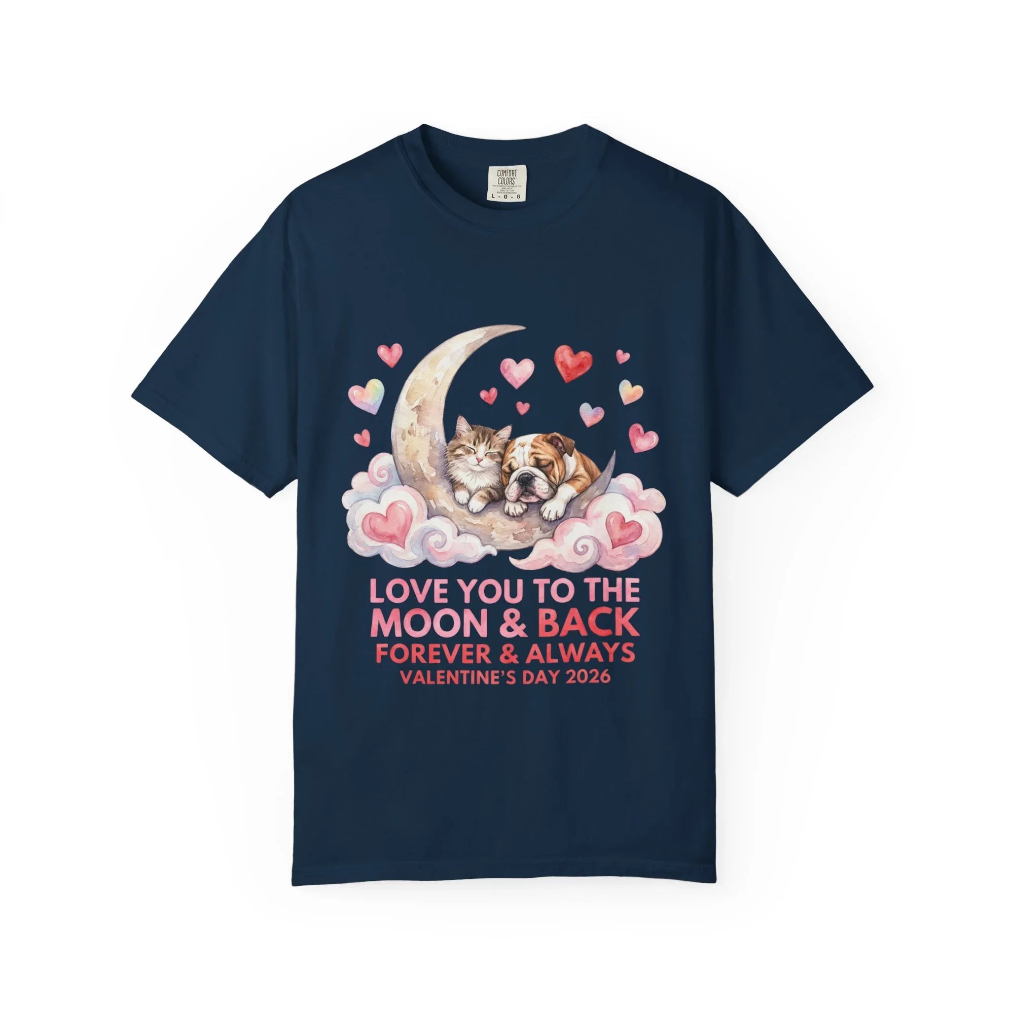 Love You to the Moon and Back Cats T Shirt Cute Kittens Crescent Moon Hearts Watercolor Cozy Vintage Aesthetic Gift Cat Lovers Valentine Tee True Navy