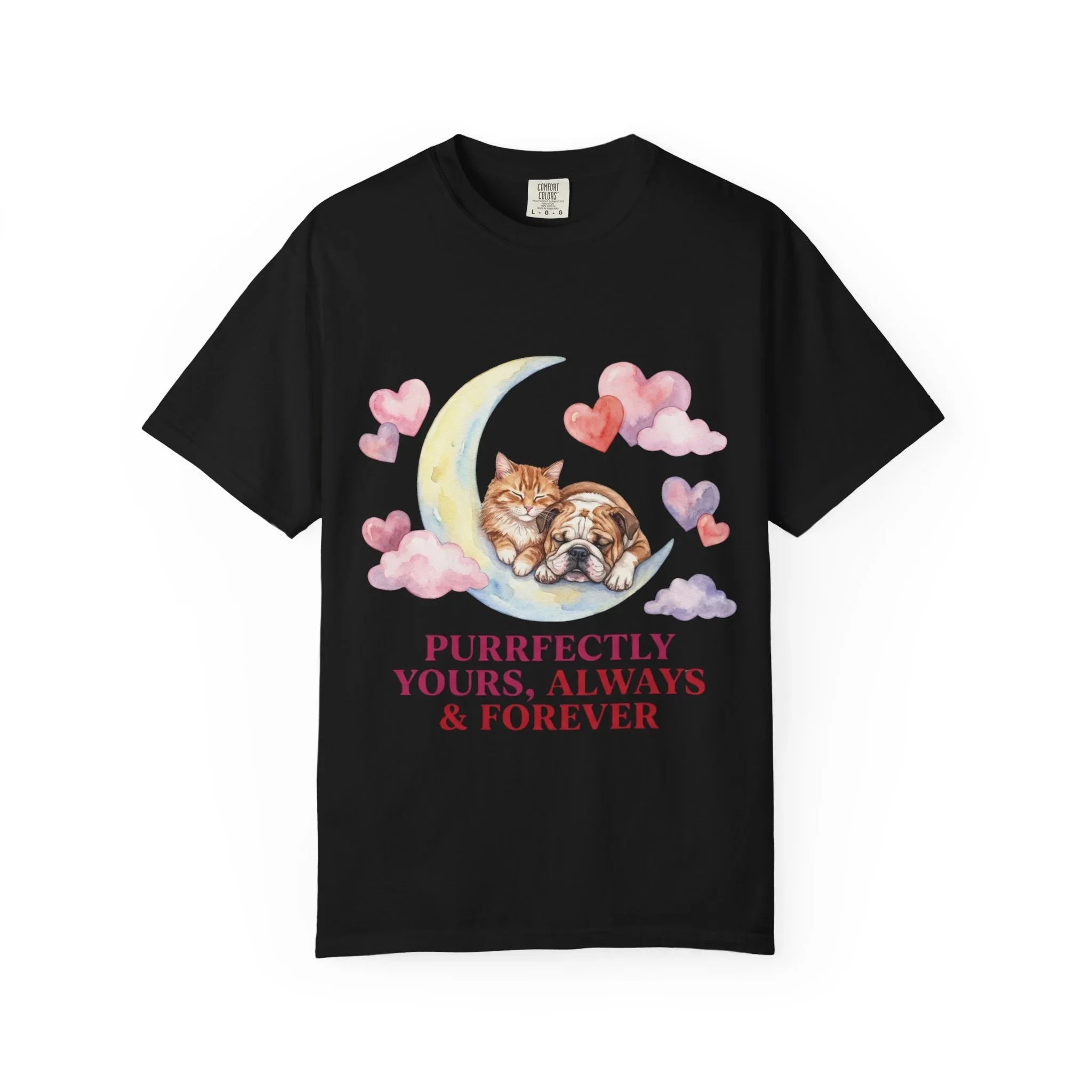 Purrfectly Yours Cat Dog Moon T Shirt Cute Pet Friends Hearts Watercolor Cozy Vintage Aesthetic Gift Pet Lovers Soft Cotton Romantic Tee Black