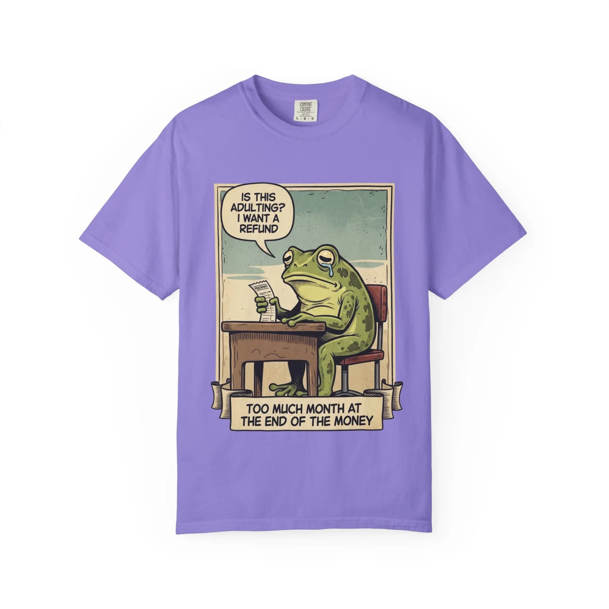 Funny Adulting Shirt - Sad Frog Meme Hoodie - "Too Much Month at the End of My Money" Sweatshirt - Vintage Aesthetic Millennial Financial Humor - Relatable Broke Friend Gift Violet
