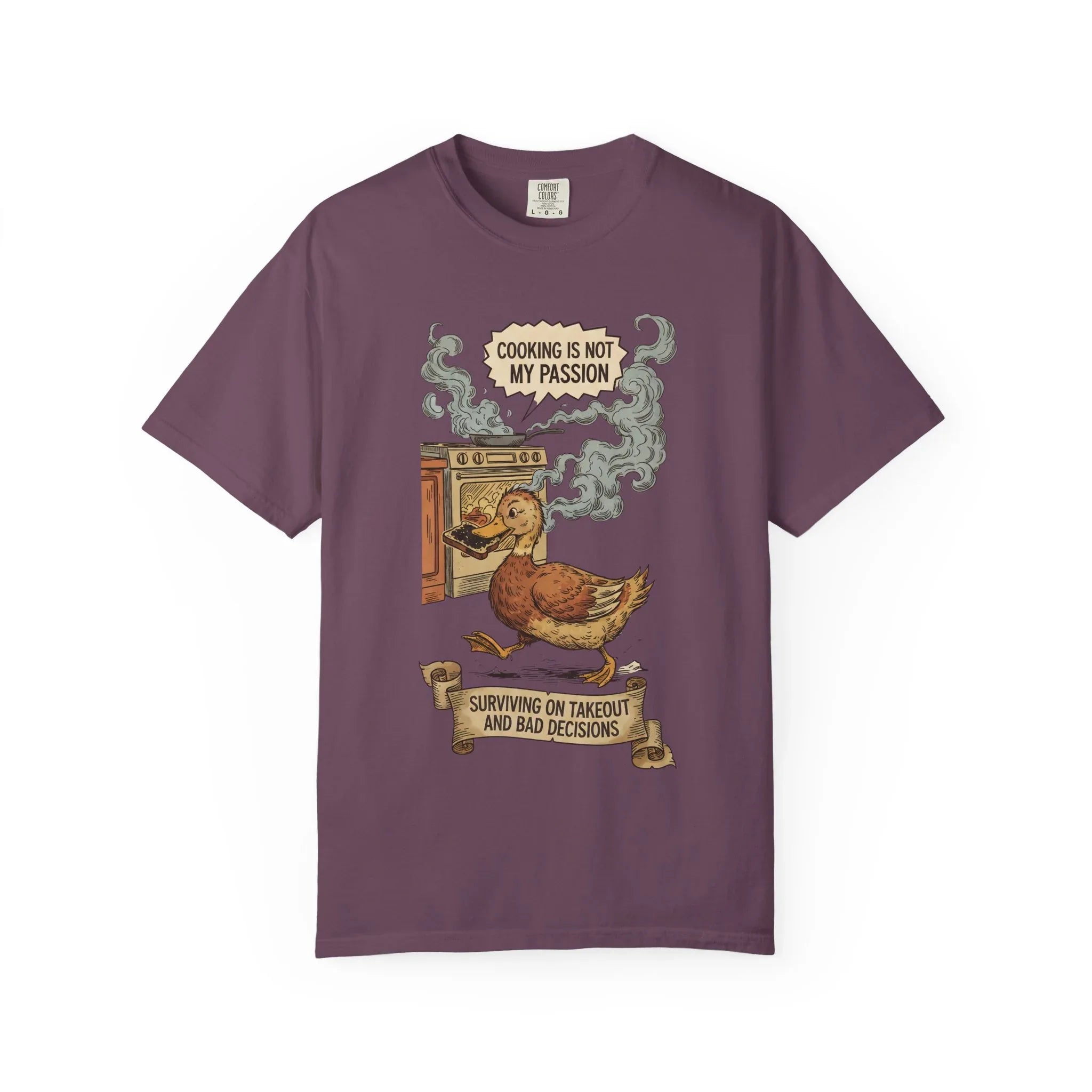 Funny Cooking Duck Shirt - "Cooking Is Not My Passion" Tee - Bad Cook Kitchen Fail Gift - Retro Duck Meme T-Shirt - Humorous Home Chef Gift for Mom & Dad Berry M