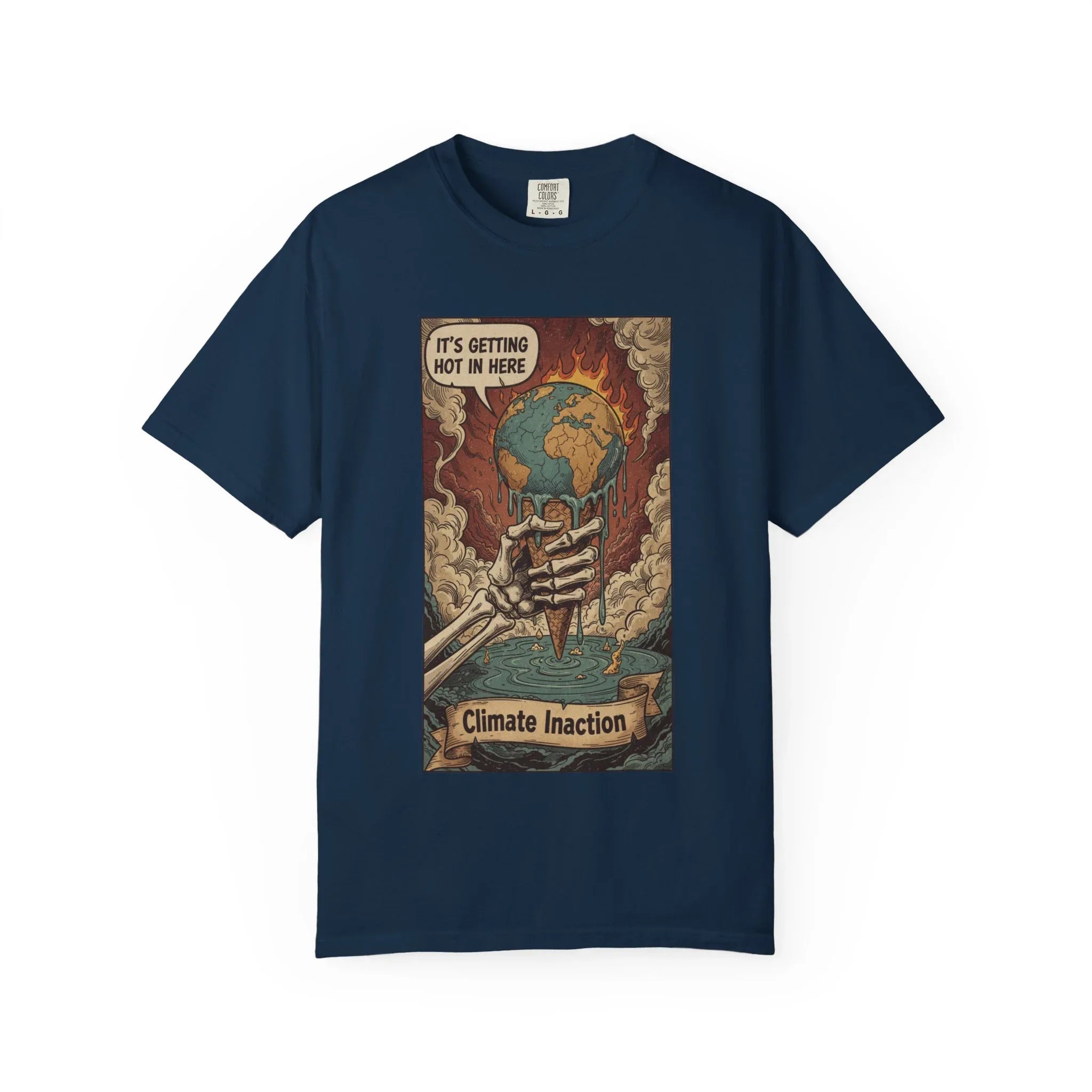 Climate Inaction Melting Earth Shirt - Global Warming Satire Tee - Skeleton Hand Vintage Graphic - Environmental Activist Gift - Retro Distressed Planet Earth T-Shirt True Navy