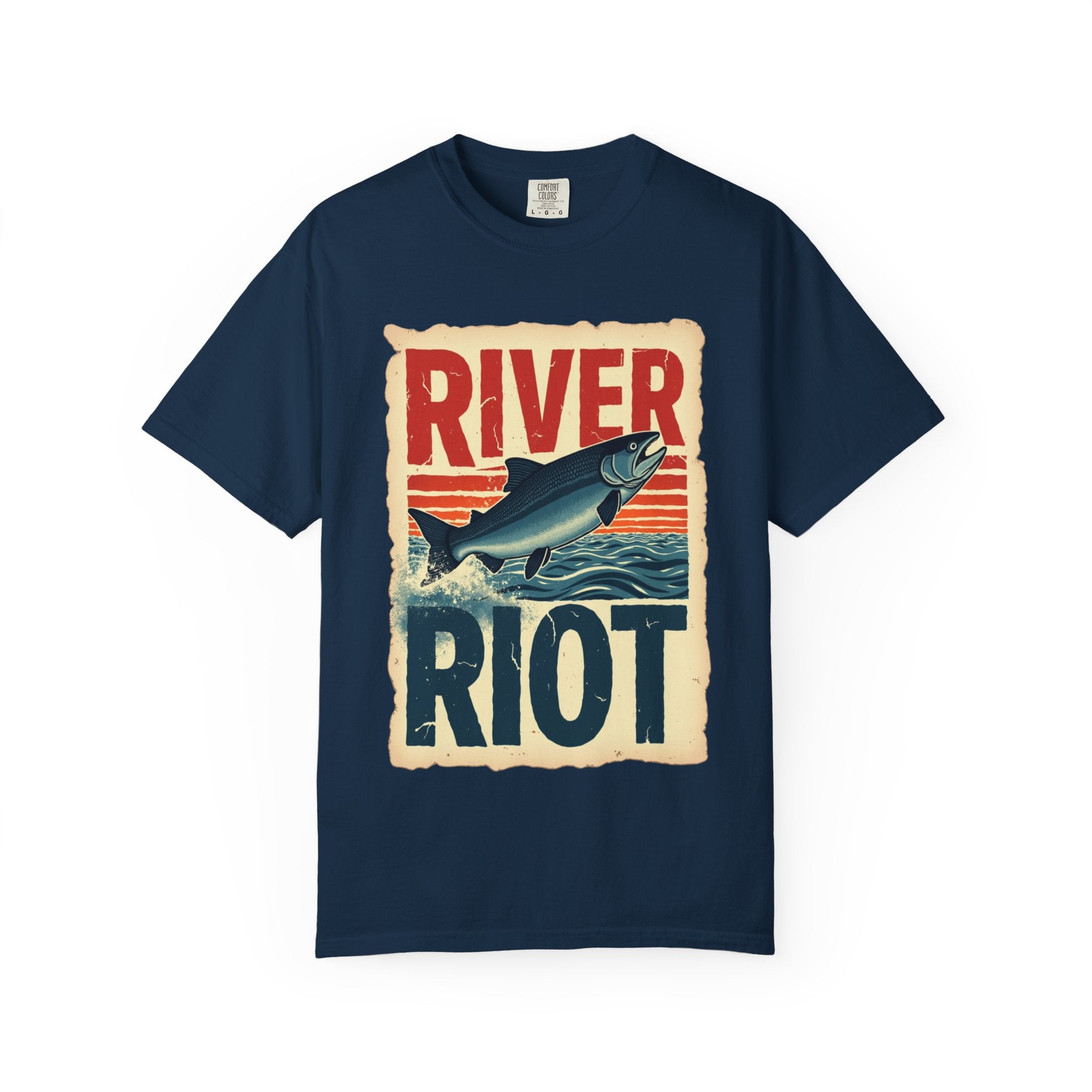 River Riot Salmon T-Shirt, Retro Fishing Graphic Tee, Vintage Fish Poster Design, Leaping Salmon Sunburst Stripes, Unisex Garment-Dyed True Navy