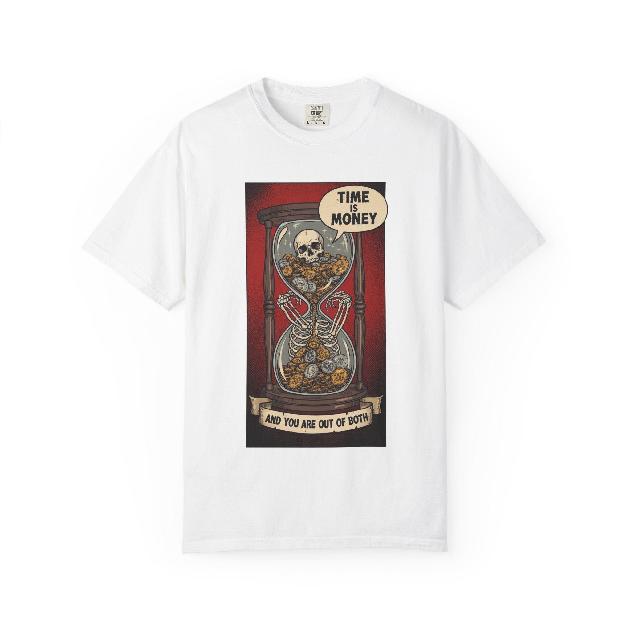 Time is Money and You Are Out of Both Skeleton T-Shirt Vintage Hourglass Skull Graphic Tee Dark Humor Sarcastic Aesthetic Shirt White