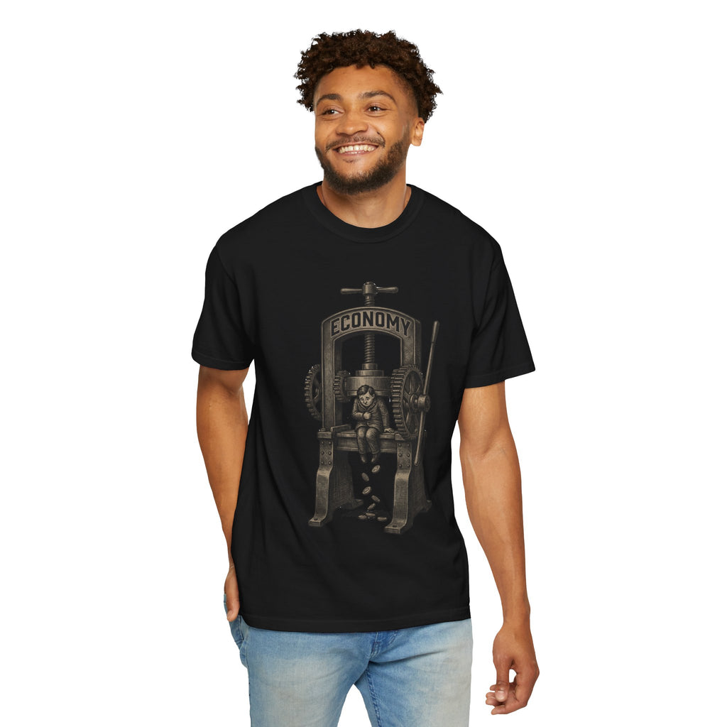 Vintage "ECONOMY" Press T-Shirt | Retro Industrial Satire Graphic Tee | Hand-Drawn Woodcut Style Socio-Economic Statement Shirt