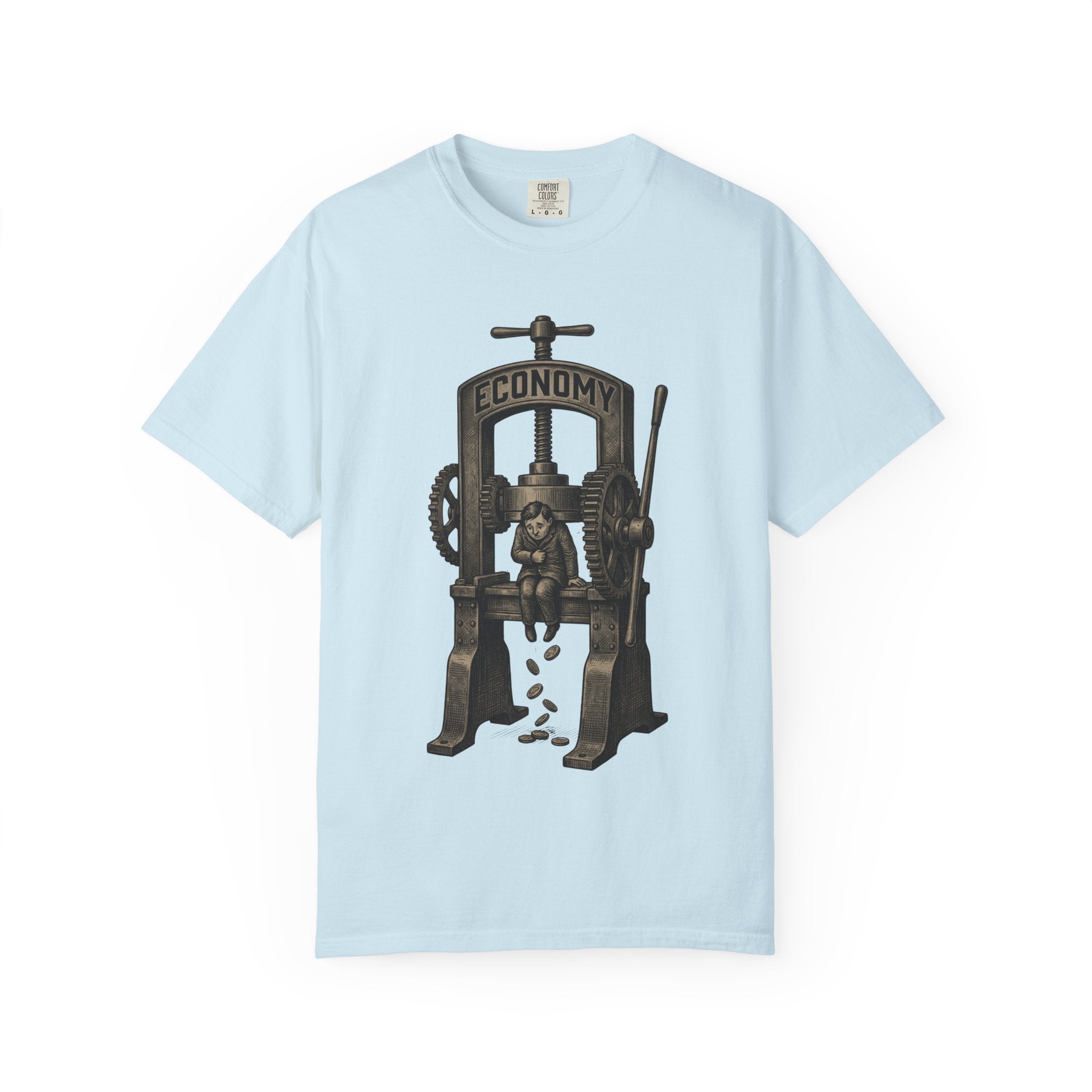 Vintage "ECONOMY" Press T-Shirt | Retro Industrial Satire Graphic Tee | Hand-Drawn Woodcut Style Socio-Economic Statement Shirt Chambray