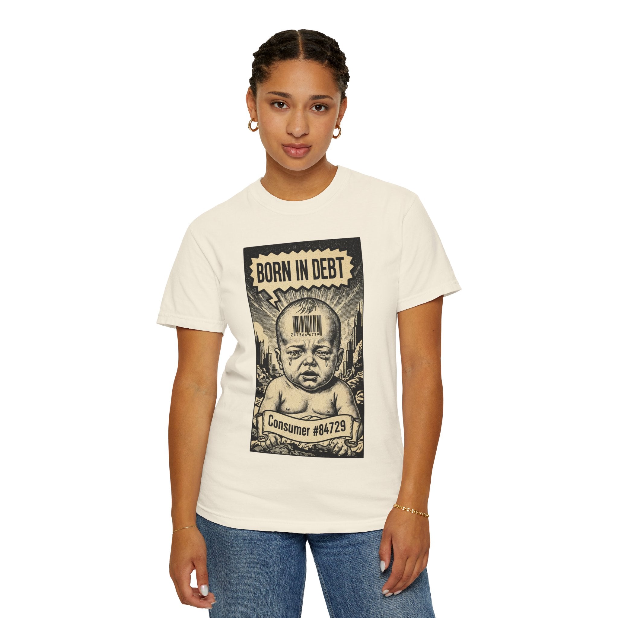 Born in Debt Shirt - Consumer Culture Satire T-Shirt - Financial Debt Awareness Tee - Vintage Comic Graphic - Sarcastic Social Commentary Gift