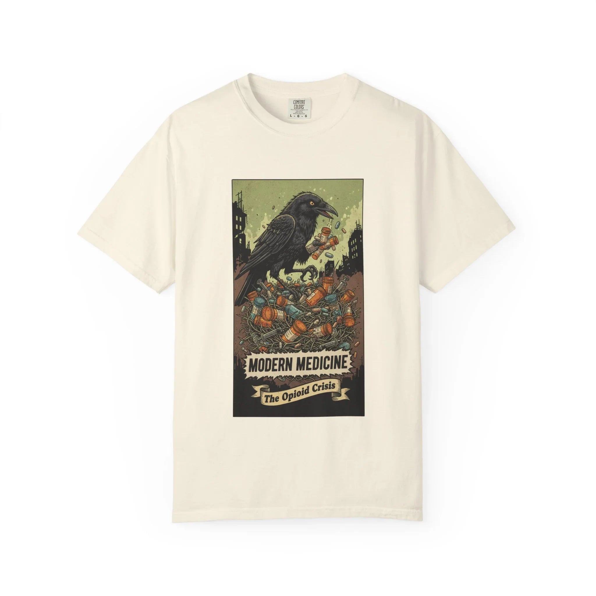 Modern Medicine Raven Shirt - Opioid Crisis Satire Tee - Dark Gothic Graphic T-Shirt - Vintage Social Commentary Art - Raven Nest Medicine Bottle Dark Humor Streetwear Ivory