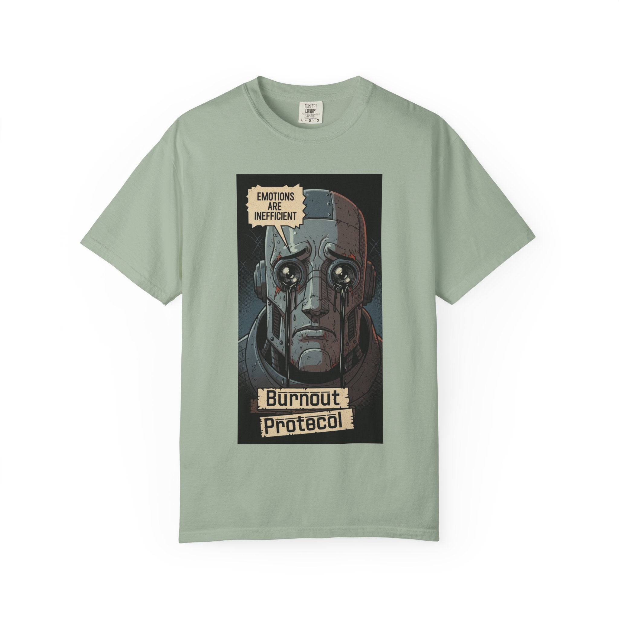 Burnout Protocol Robot Shirt Retro Comic Graphic Tee Sarcastic Android Emotions Are Inefficient Top Vintage Tech Gift for Engineers Bay